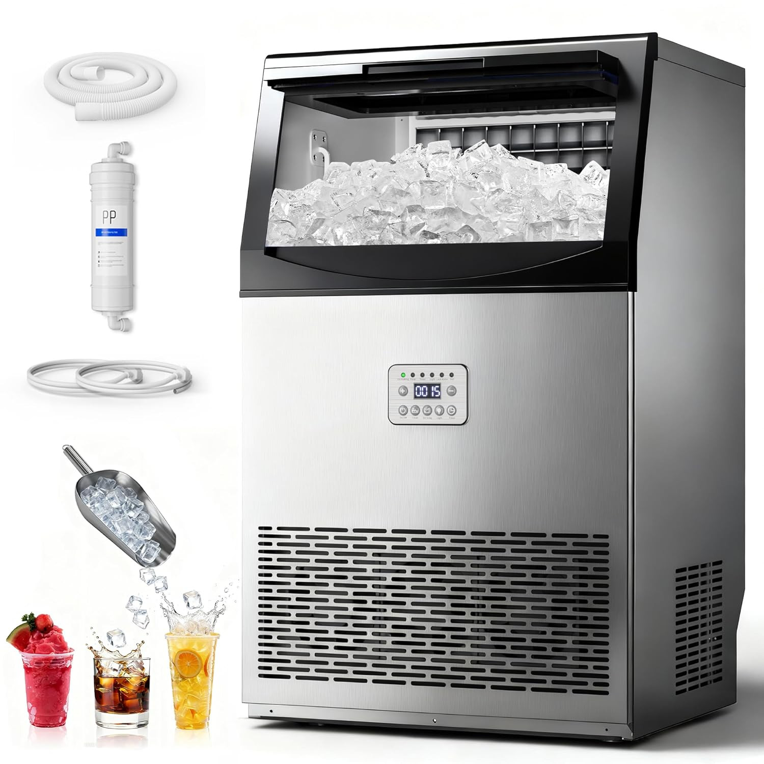 Commercial Ice Maker, 100Lbs/24H Large Ice Machine with 33Lbs Storage Capacity,