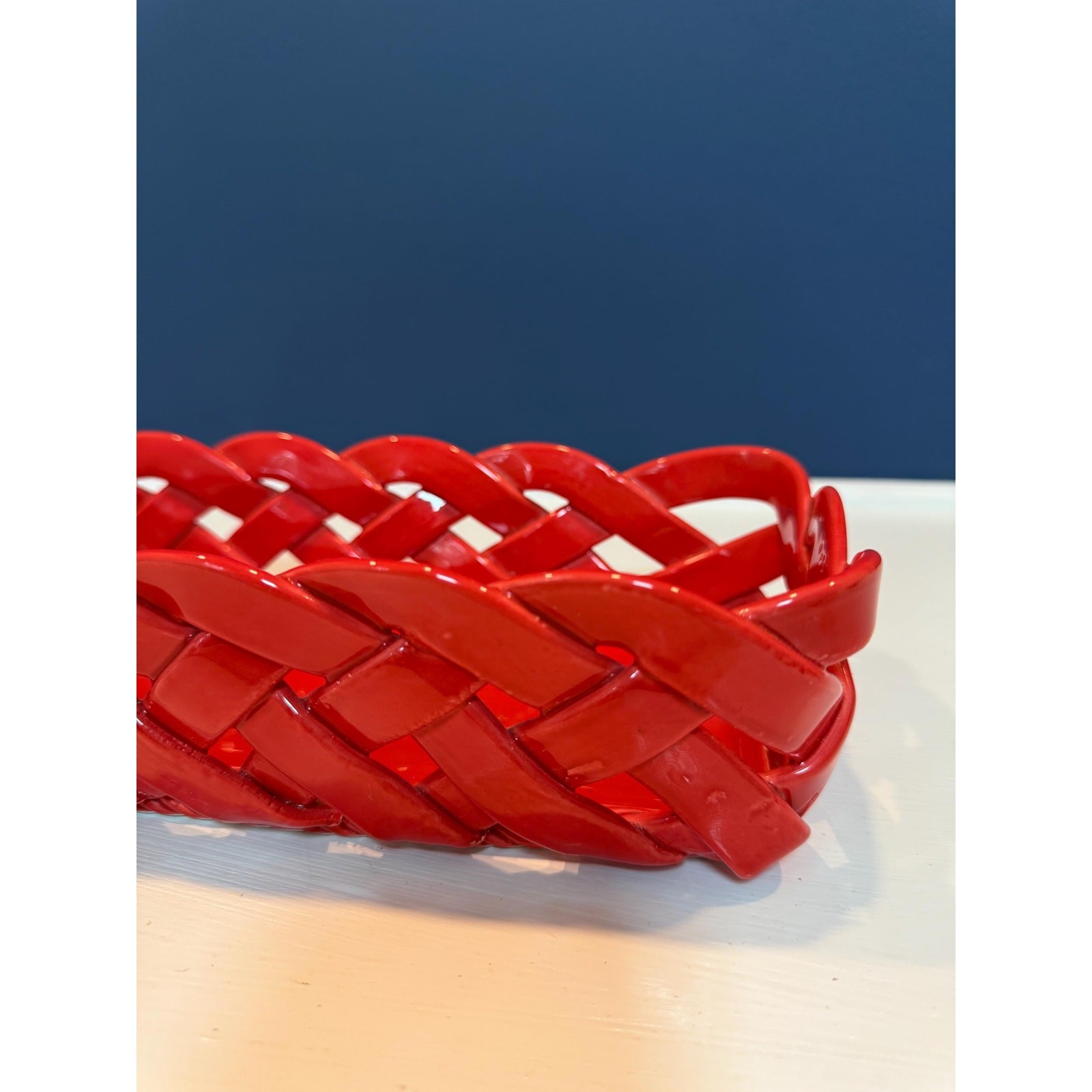 Vintage Primo Gi Red Ceramic Woven Bread Basket Italy Large Weave