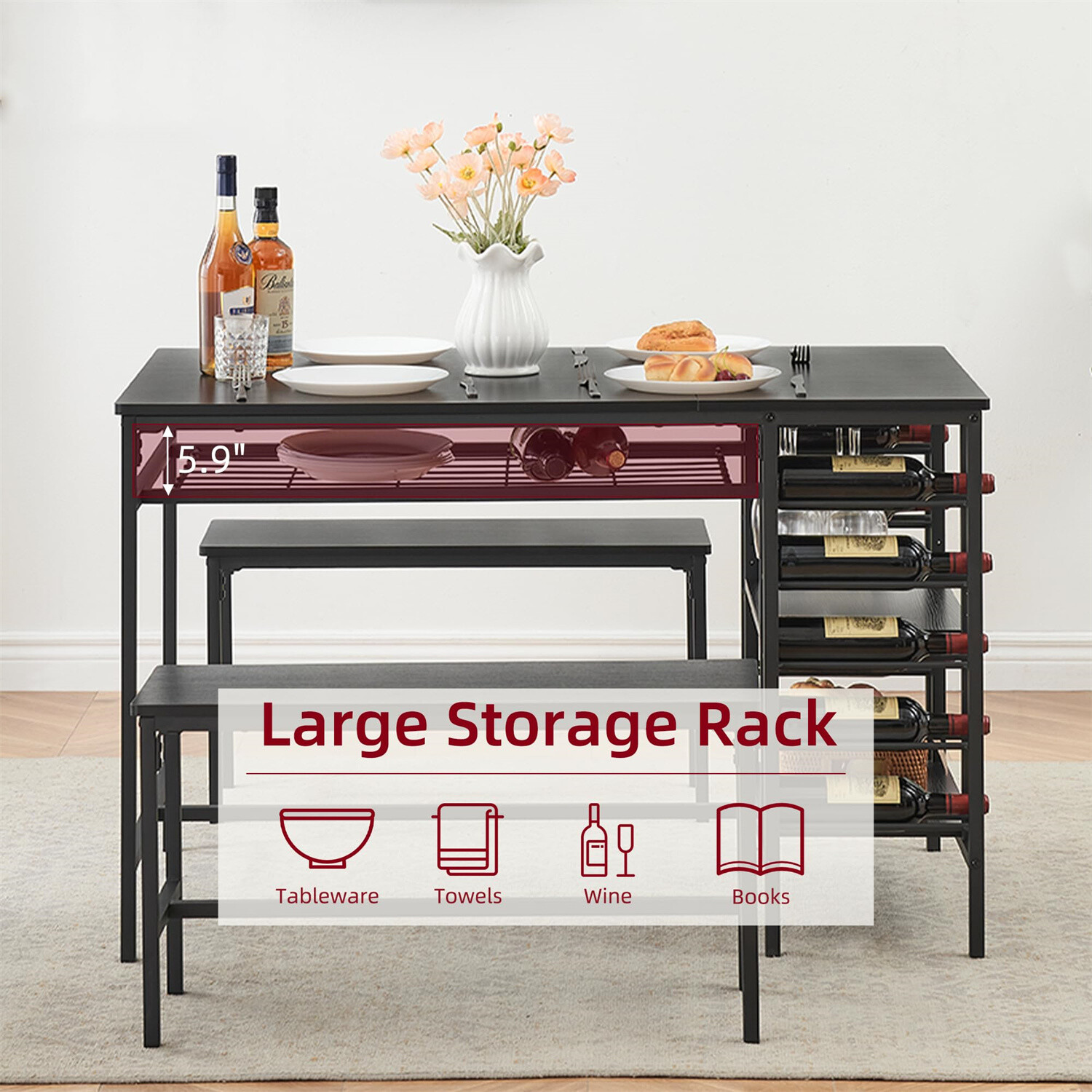 Dining Table Set for 4 3 Pieces Kitchen Table Set with 2 Benches 2-Tier Storage