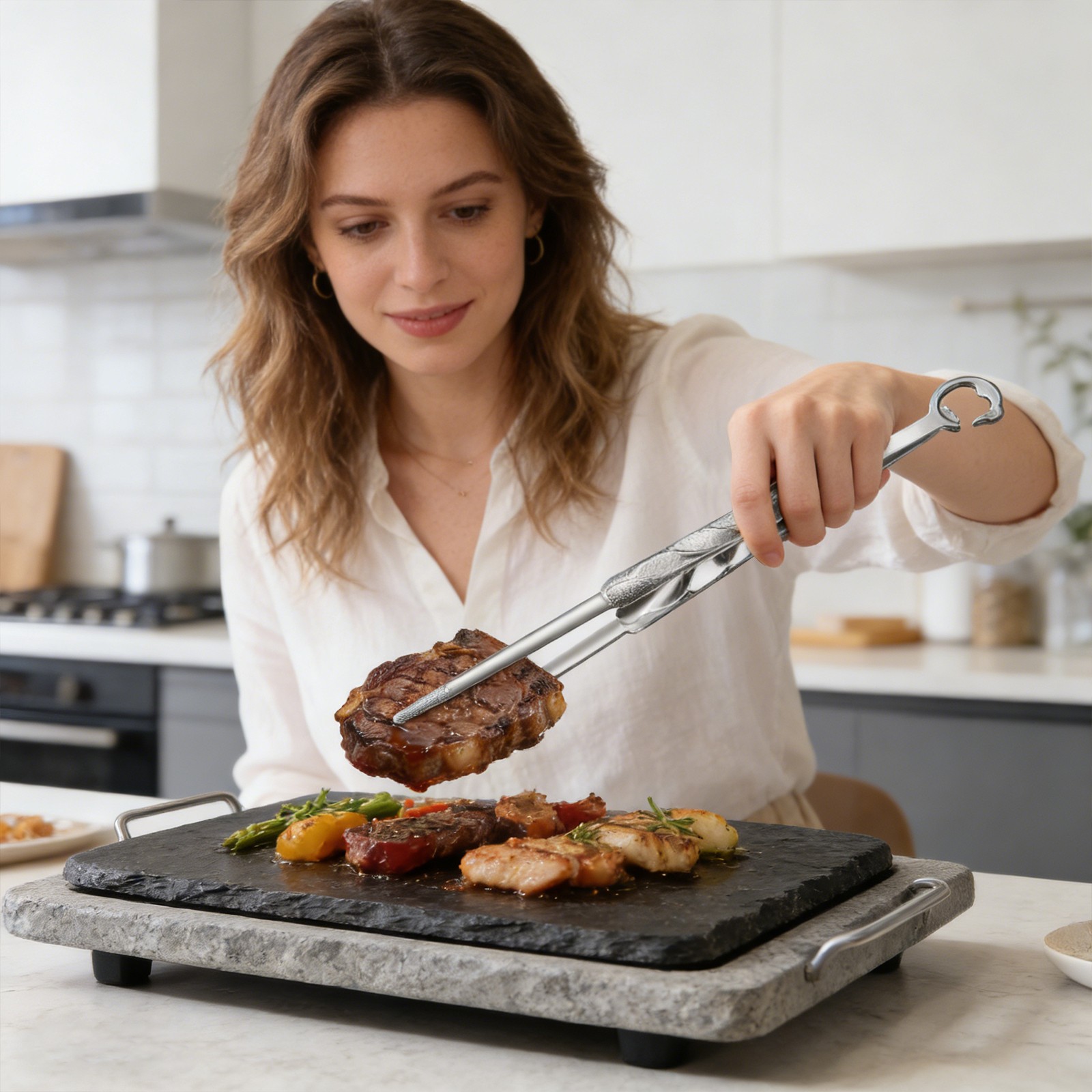304 Stainless Steel Multi-Function Grill Tong, 12.5" Long-Handled Kitchen Tong