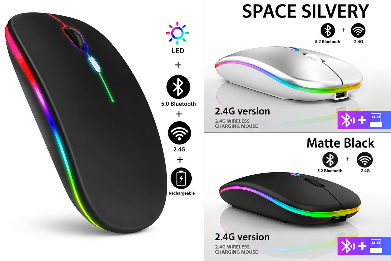 2.4GHz Wireless Optical Mouse USB Rechargeable RGB Cordless Mice For PC Laptop