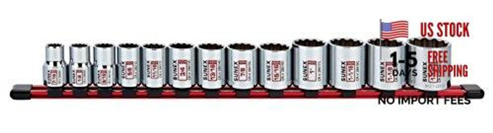 13Piece 1/2" Drive Chrome Socket Rail 12Pt SAE Standard
