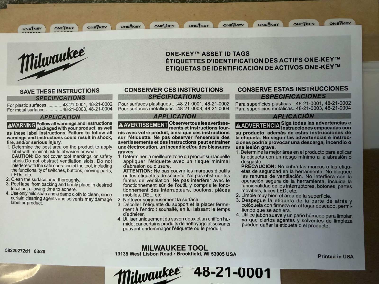 Milwaukee Tool 48-21-0001 One-Key  Id Tag For Small Plastic Surfaces (200 Tags)