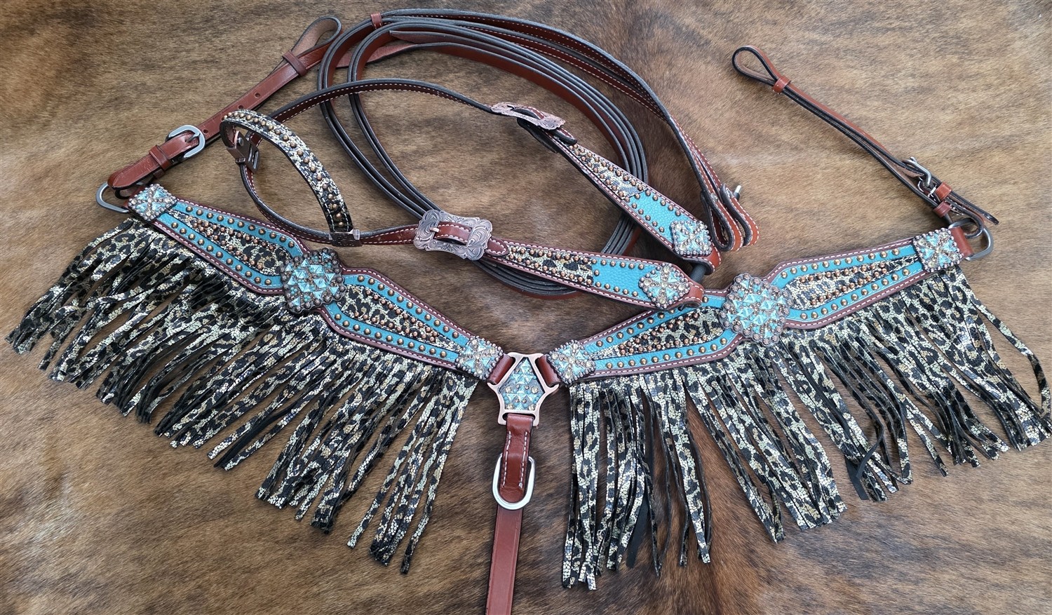 Western Headstall - Fringed Breastcollar - Reins - Metallic Leopard - Turquoise