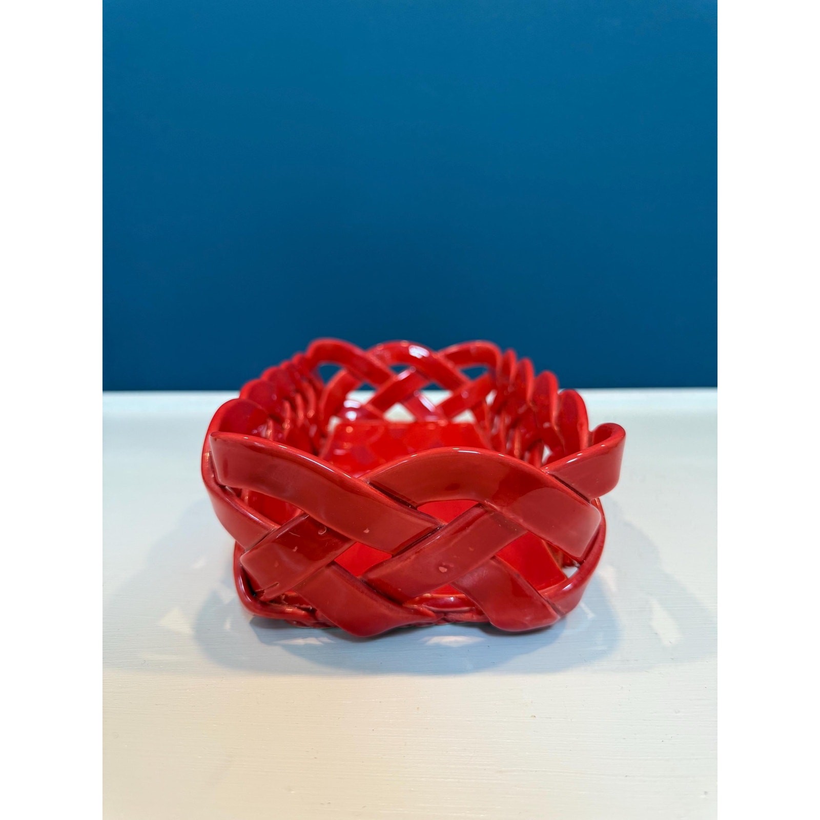 Vintage Primo Gi Red Ceramic Woven Bread Basket Italy Large Weave