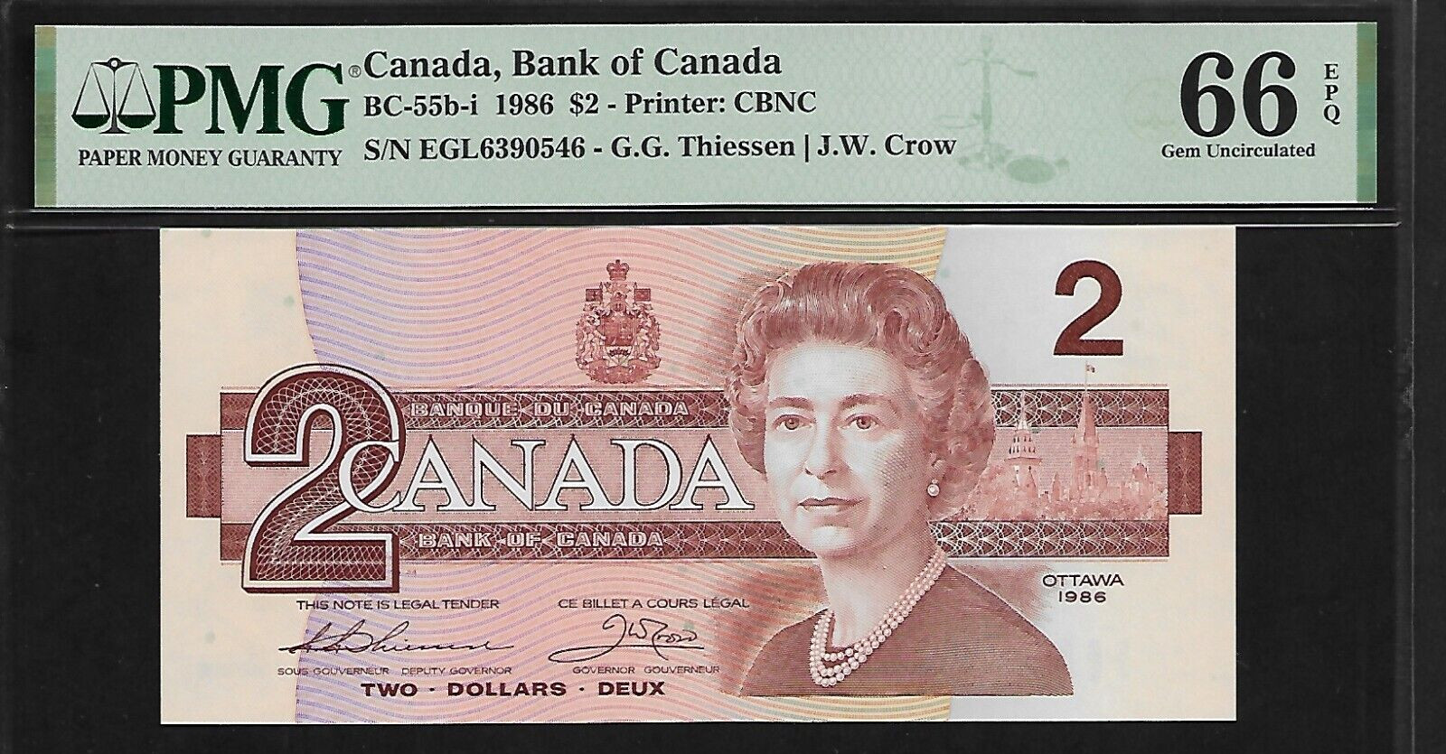 Canada 2 Dollars 1986 PMG 66 EPQ UNC P#BC-55b-i Printer CBNC Queen Elizabeth II