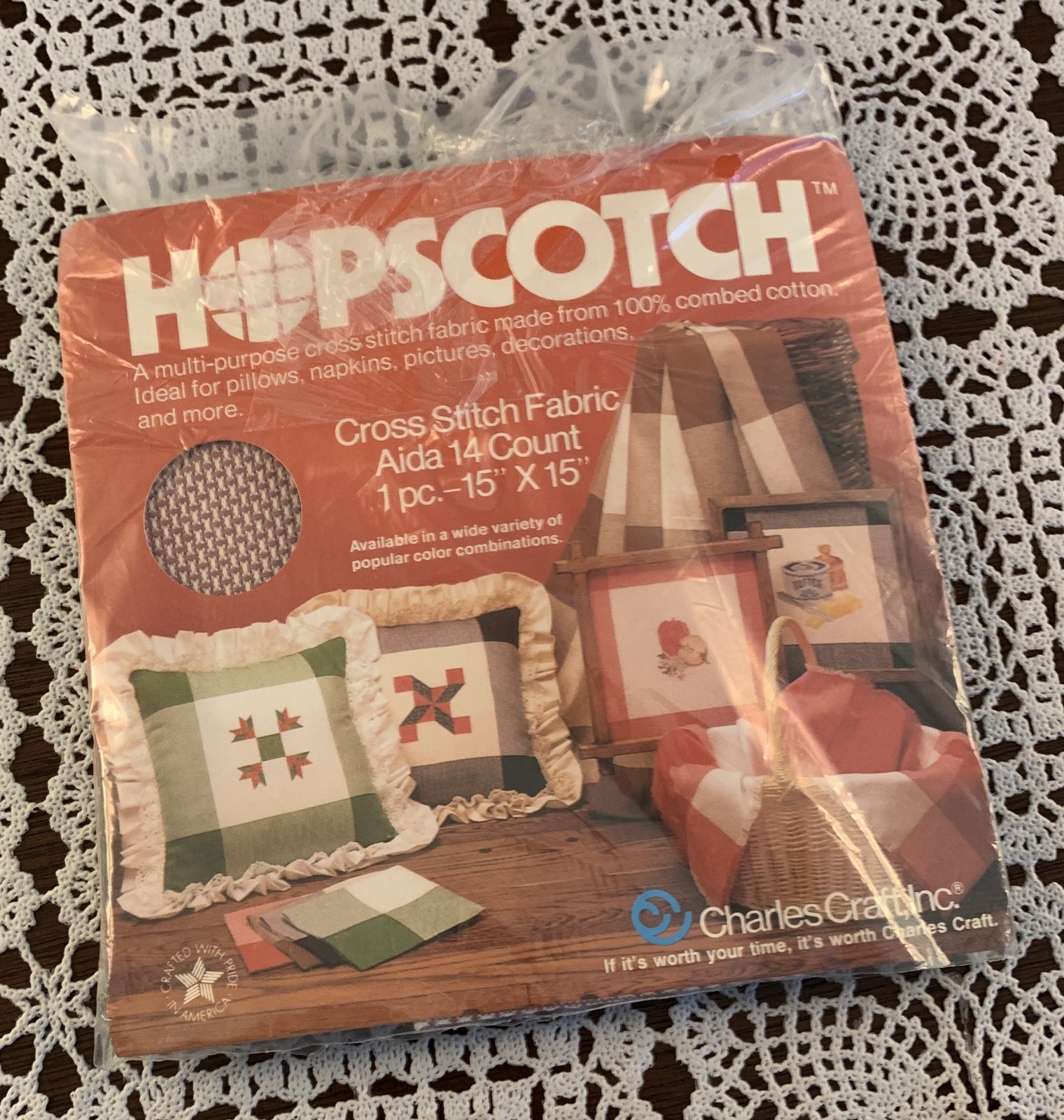 Charles Craft Hopscotch 14 Count Aida Cross Stitch Fabric 15" x 15" Burgundy