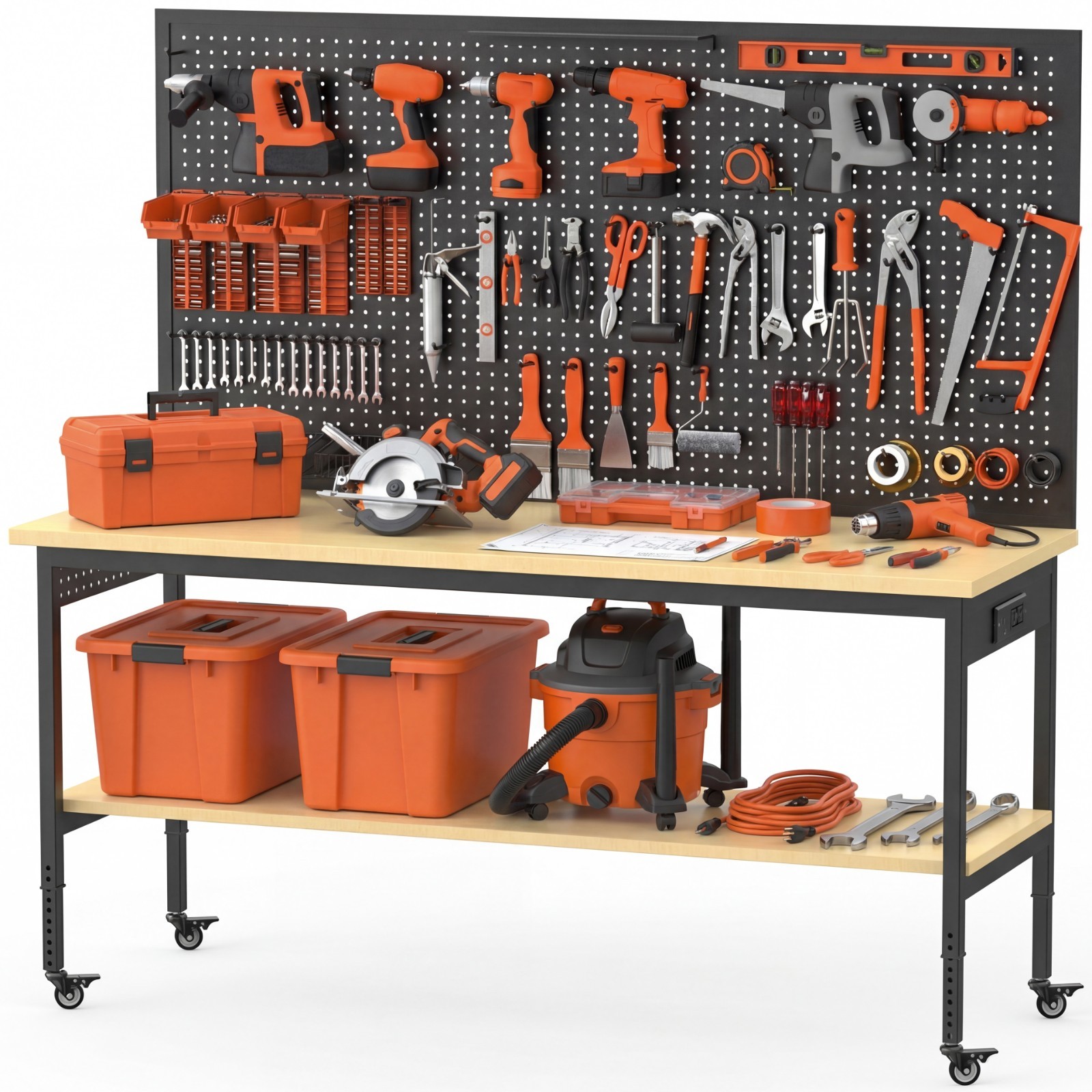 60" Garage Workbench 2000LBS w/ Pegboard LED Light Adjustable Rolling Table