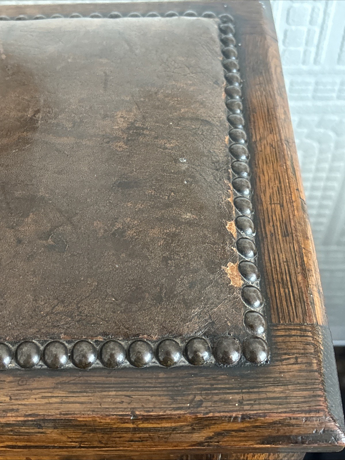 Lovely Antique Oak Storage Footstool With Leather Top