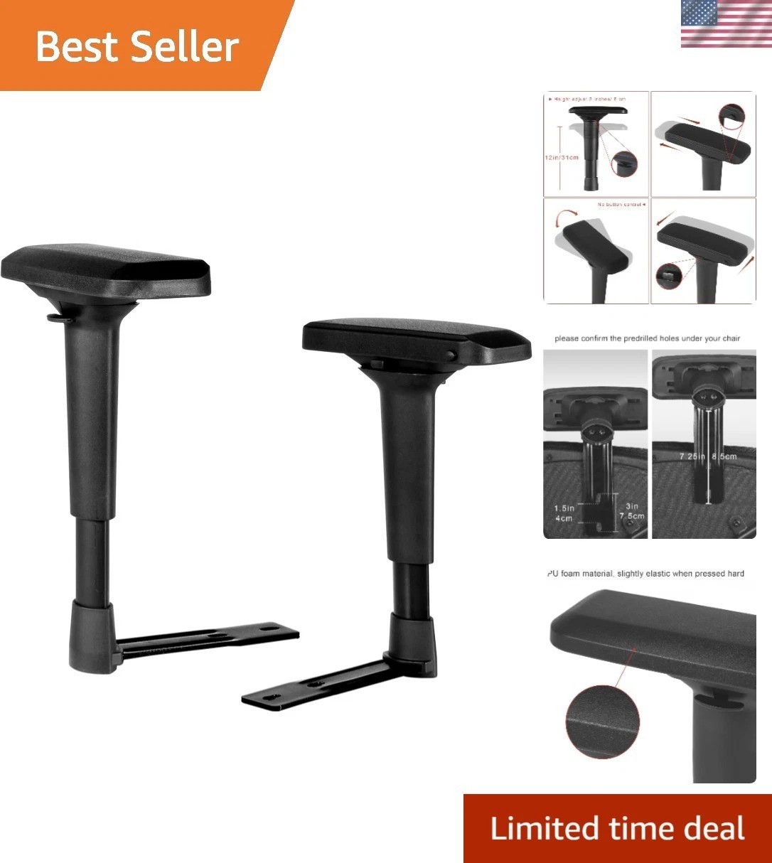 Black Height Adjustable Chair Arms Pair