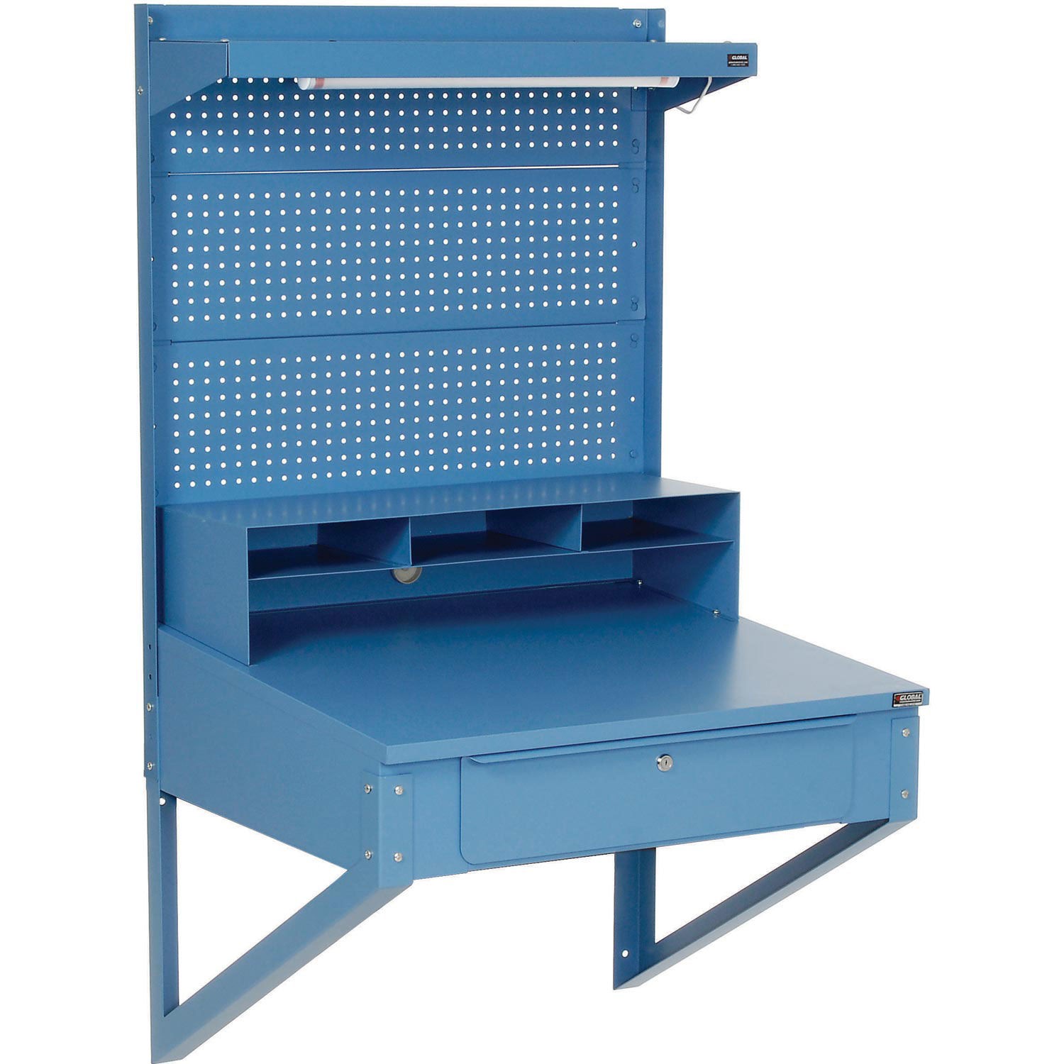 Shop Desk Wall Mount with Pegboard Riser 34-1/2"W x 30"D x 61"H Blue