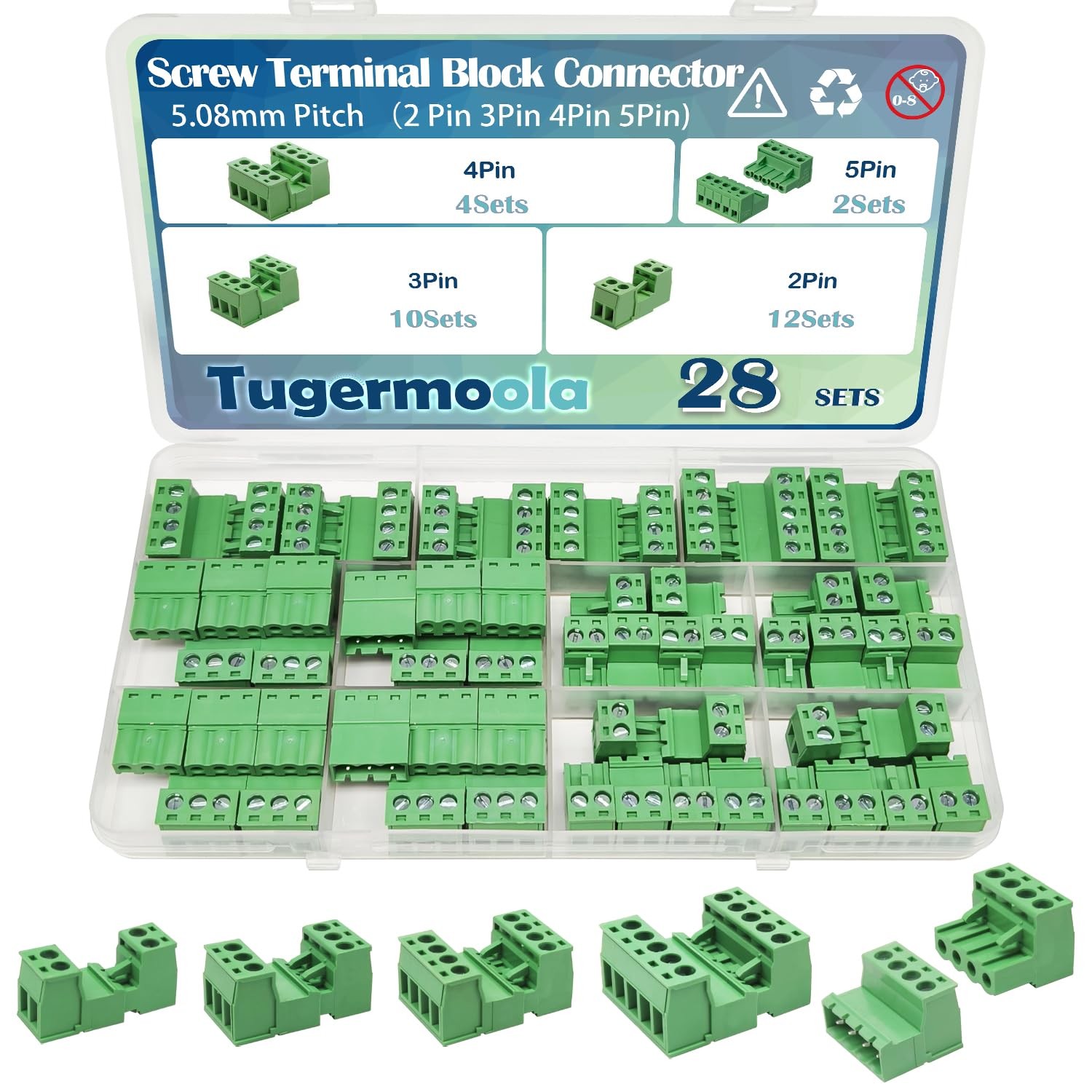 28 Sets Screw Terminal Block Connector Assortment Kit 5.08mm Pitch PCB 2Pin 3...