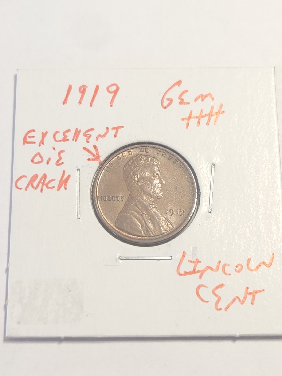 1919 GEM+++ EXCELLENT DIE CRACK LINCOLN CENT RARE