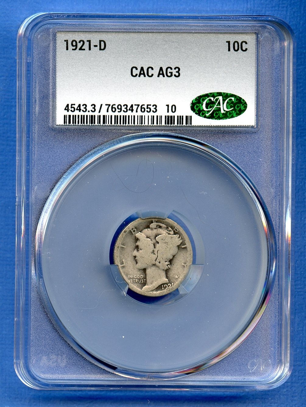 1921 D CAC AG3 Mercury Dime 10c US Mint Silver Coin Rare Key 1921-D AG-03 CACG