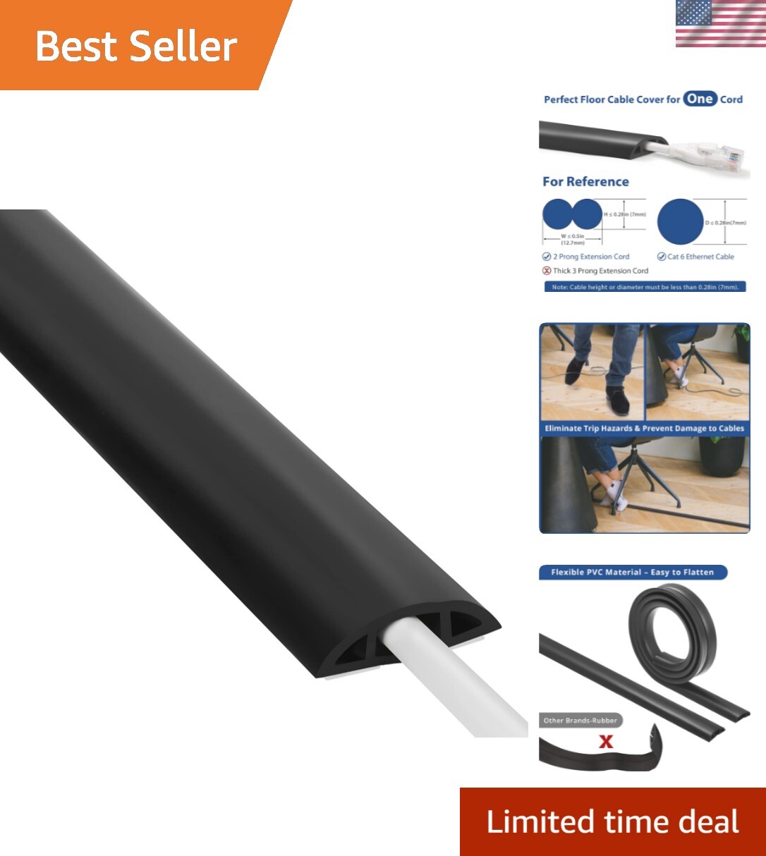 4ft Wire Cover for Electric Cords - Flexible PVC Trip Prevention Solution