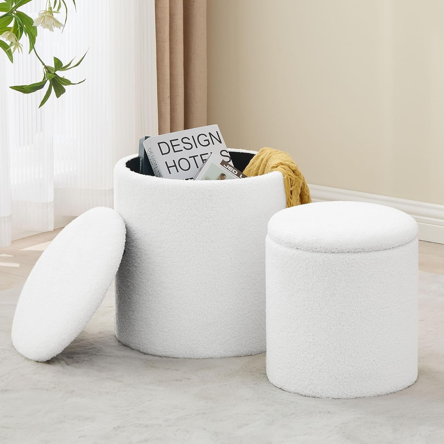 Set of 2 Ottoman with Storage Boucle Storage Ottoman Foot Stool Vanity Stool