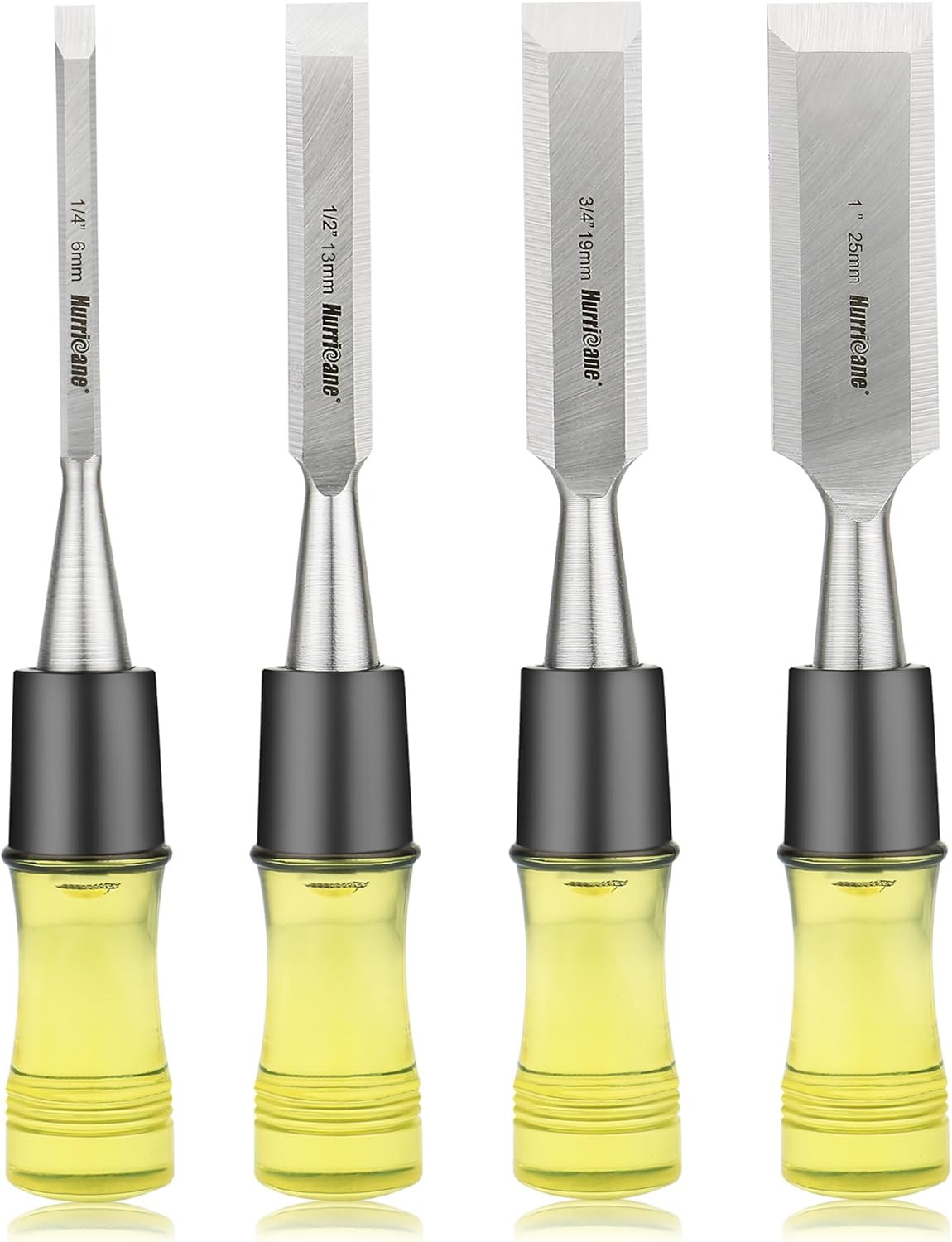 4 Piece Wood Chisel Set for Woodworking. CR-V Steel Beveled Edge Blades with Saf