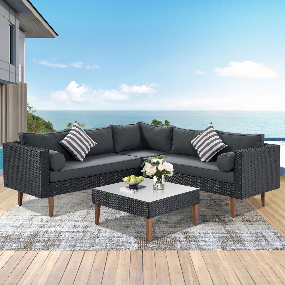 L Shaped Outdoor Wicker Sectional Sofa Conversation Set Patio Furniture w/Pillow