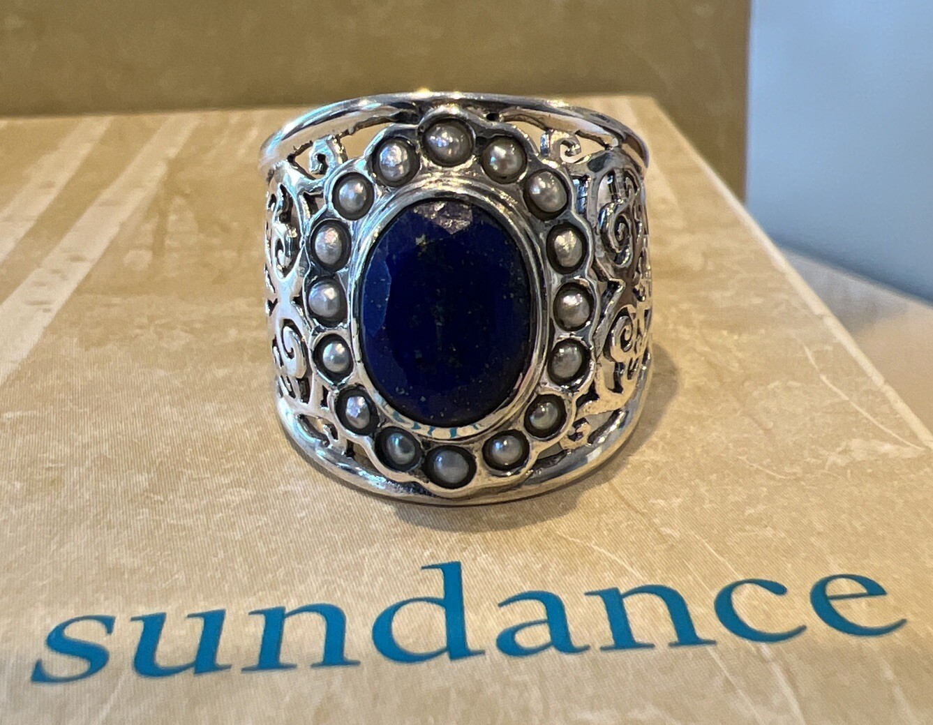 NWT Sundance Catalog Lapis Pearl Silver “In The Frame Ring” Size 8 $98