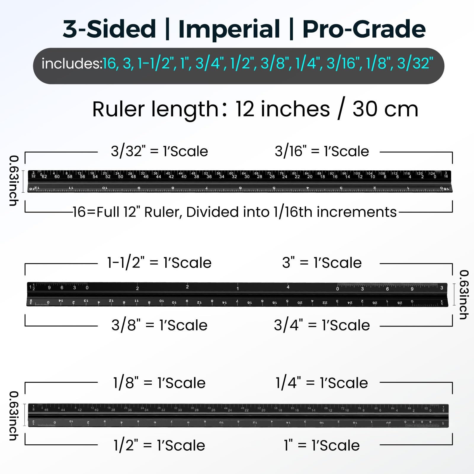 Black 12 Inch Aluminum Architectural Scale Ruler Architect Tool