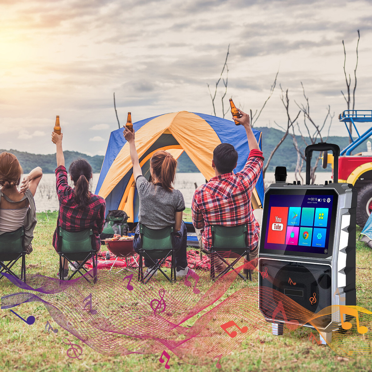8" Karaoke Machine w/ Wireless Microphone Portable Bluetooth Speaker Woofer DJ