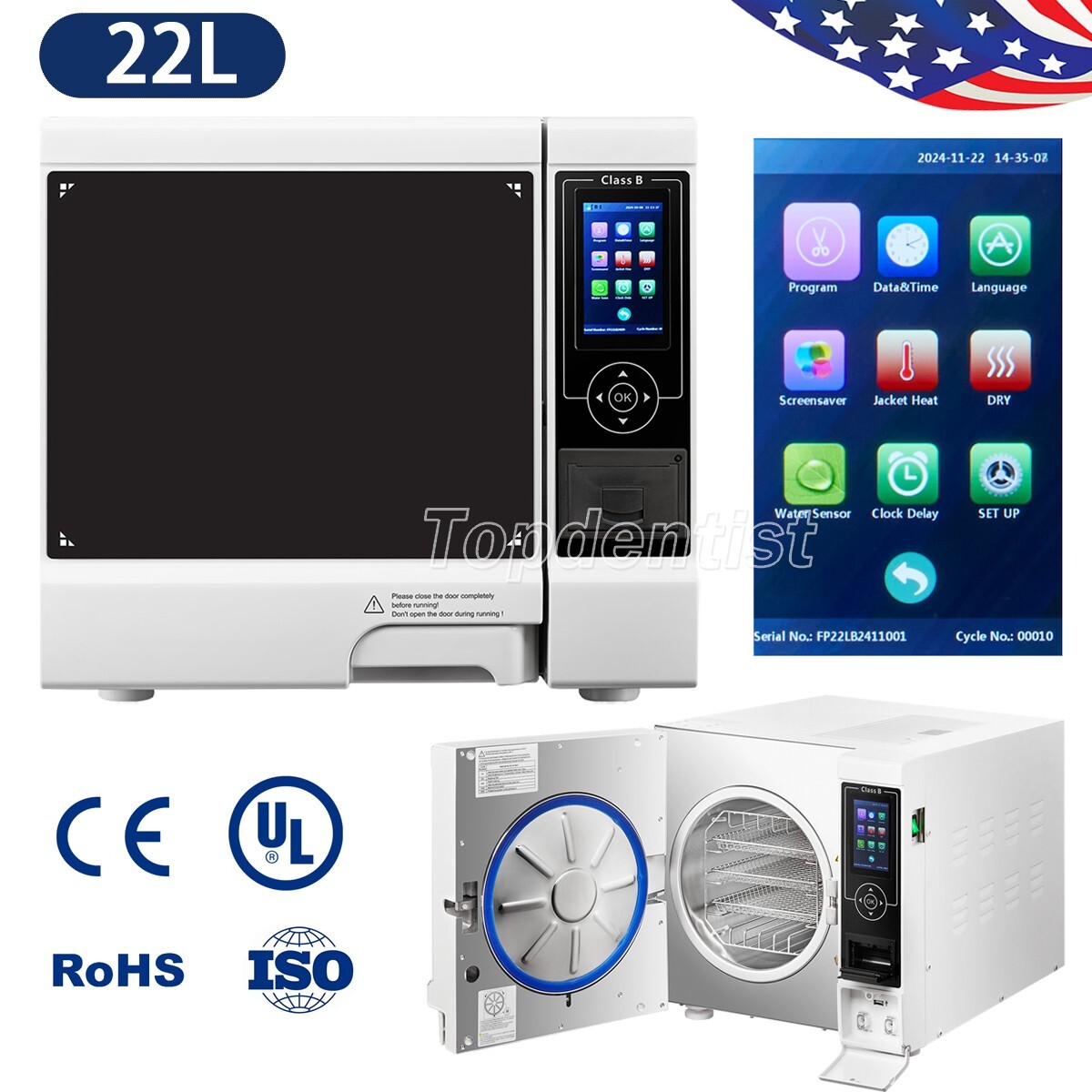 22L Dental Class B Autoclave Vacuum Pressure Steam Sterilizer w/Built-in Printer