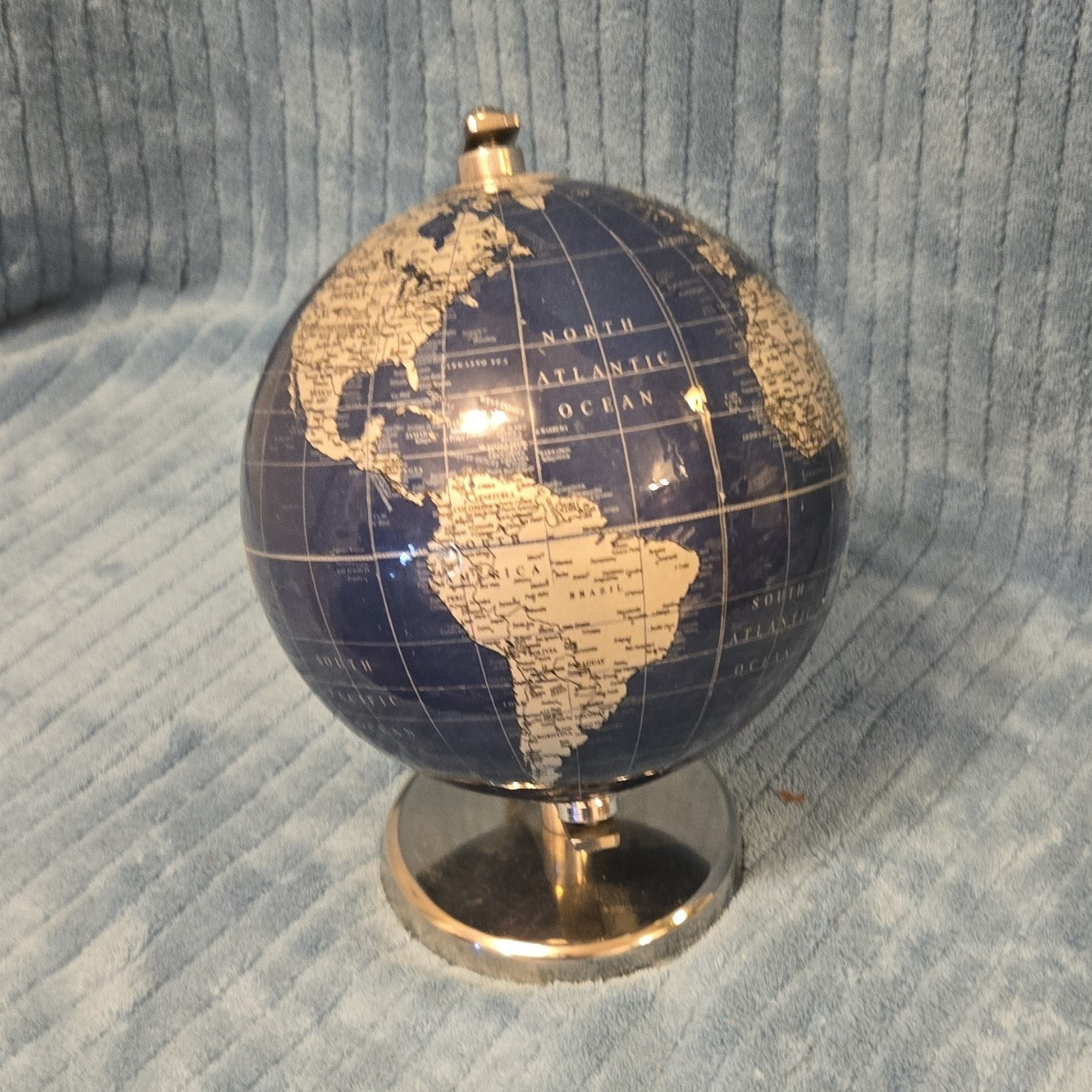Decorative Tabletop World Globe, Blue/Silver Metallic Finish w/ Metal Base Stand
