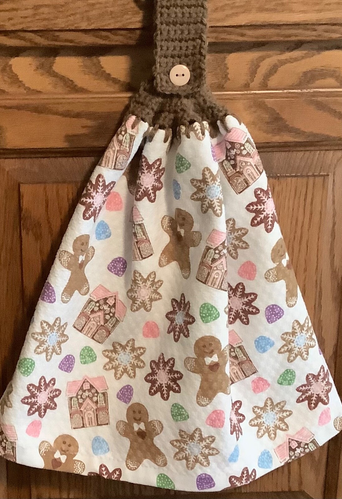 Double hanging Kitchen towel winter Xmas gingerbread  crocheted brown  top