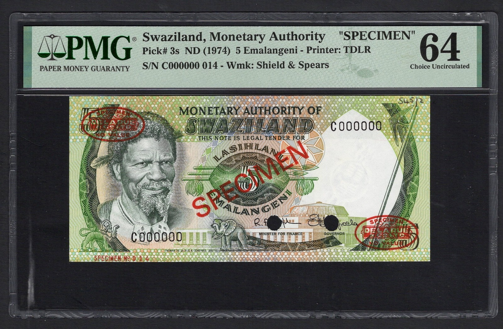 Swaziland 5 Emalangeni ND(1974) P3s Specimen Uncirculated Grade 64