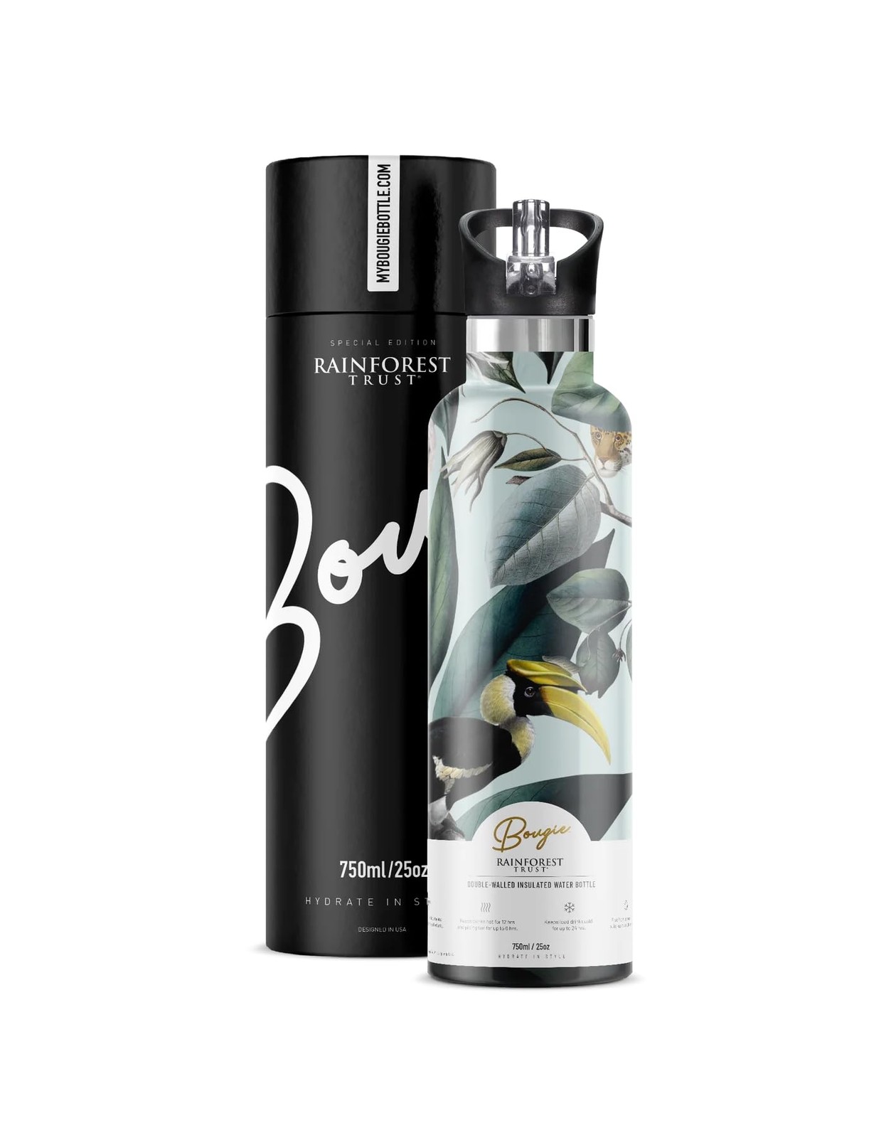 Bougie Rainforest Trust Insulated Water Bottle, 25oz, Stainless Steel, Multi