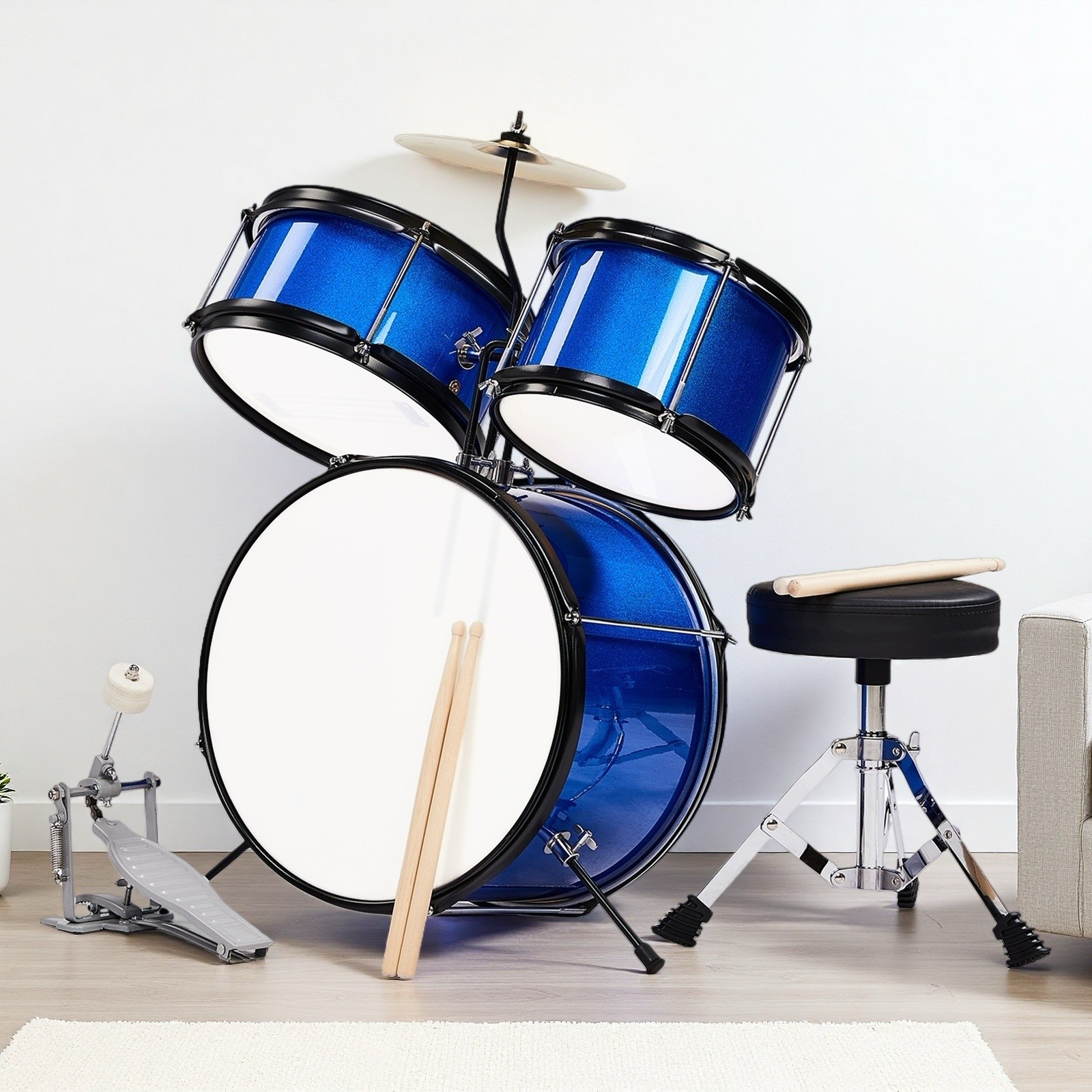 3-Piece Kids Beginner Drum Kit - Stool Cymbal Pedal Sticks Dark Blue Junior Set
