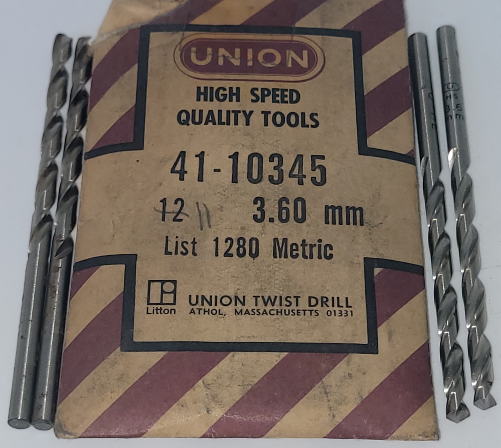 3.60mm Jobber Drill Bits Straight Shank 118° Pt HSS Bright Finish Union Lot of 4