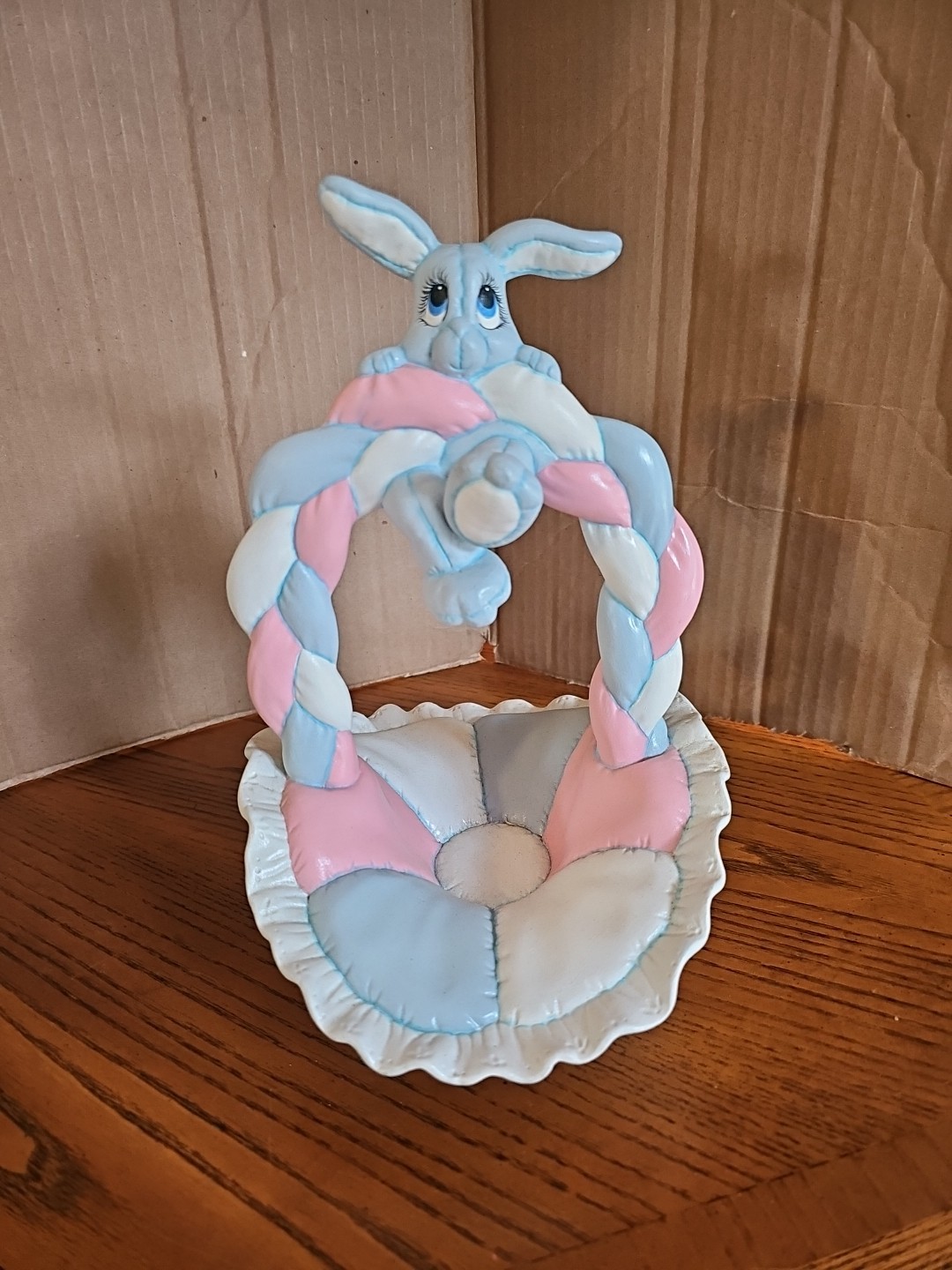 VTG Dana's 1985 Puffed Pillowed Ruffled Cloth Ceramic Basket Pink Blue White