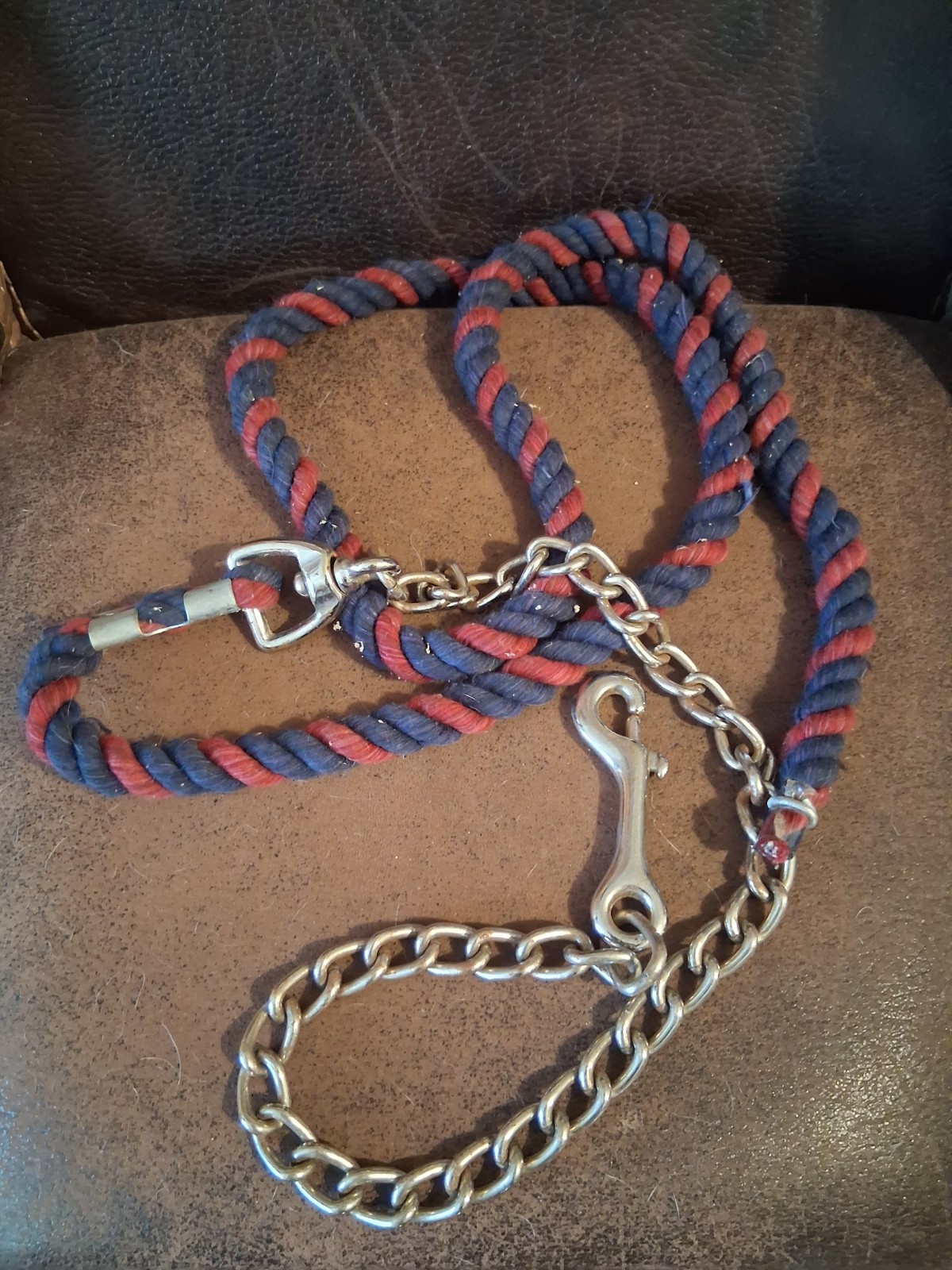 Shank Rope Lead, Maroon & Blue w/Silver Chain & Clip