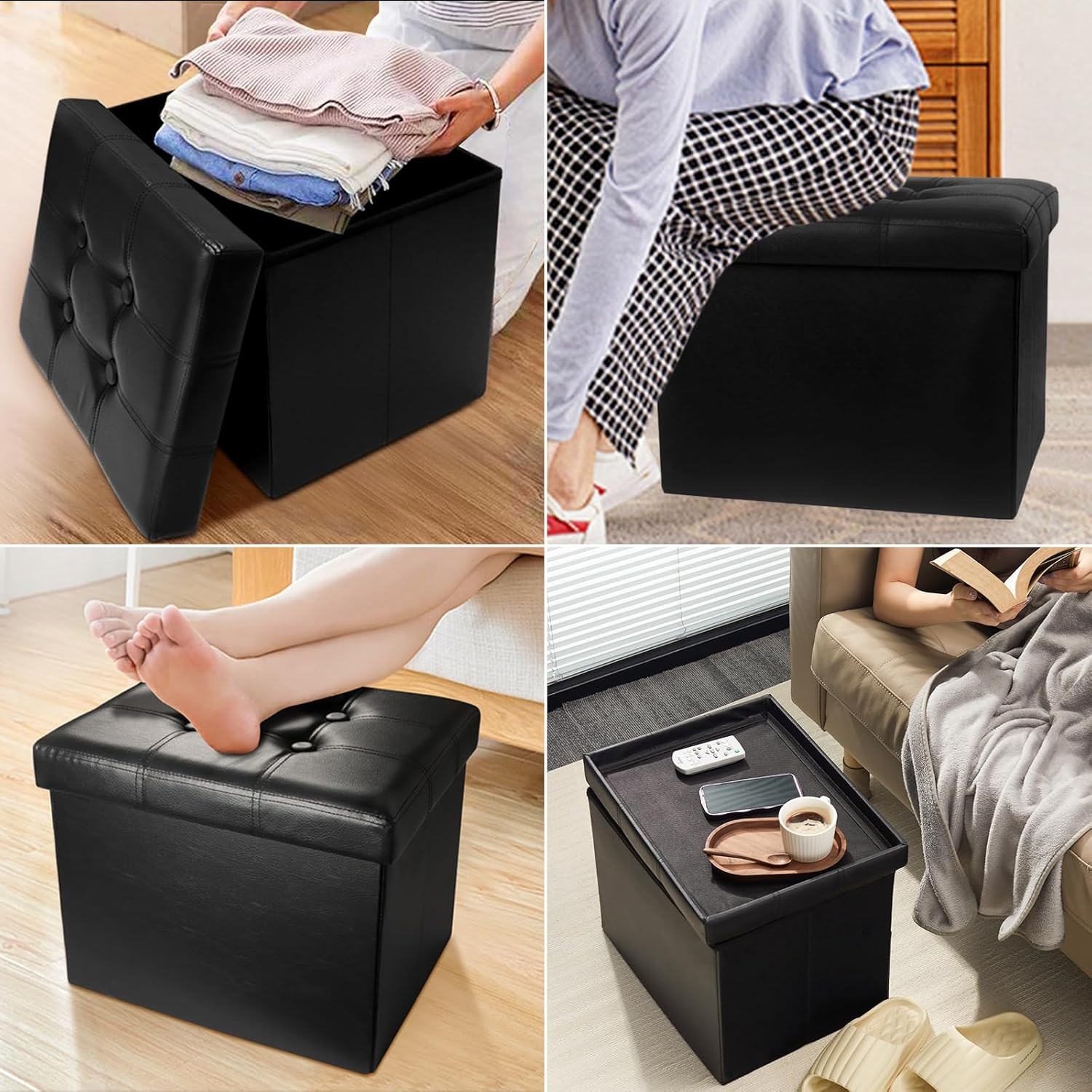 Storage Ottoman Folding Foot Rest Stool Leather Footstool Bench Short Ottoman