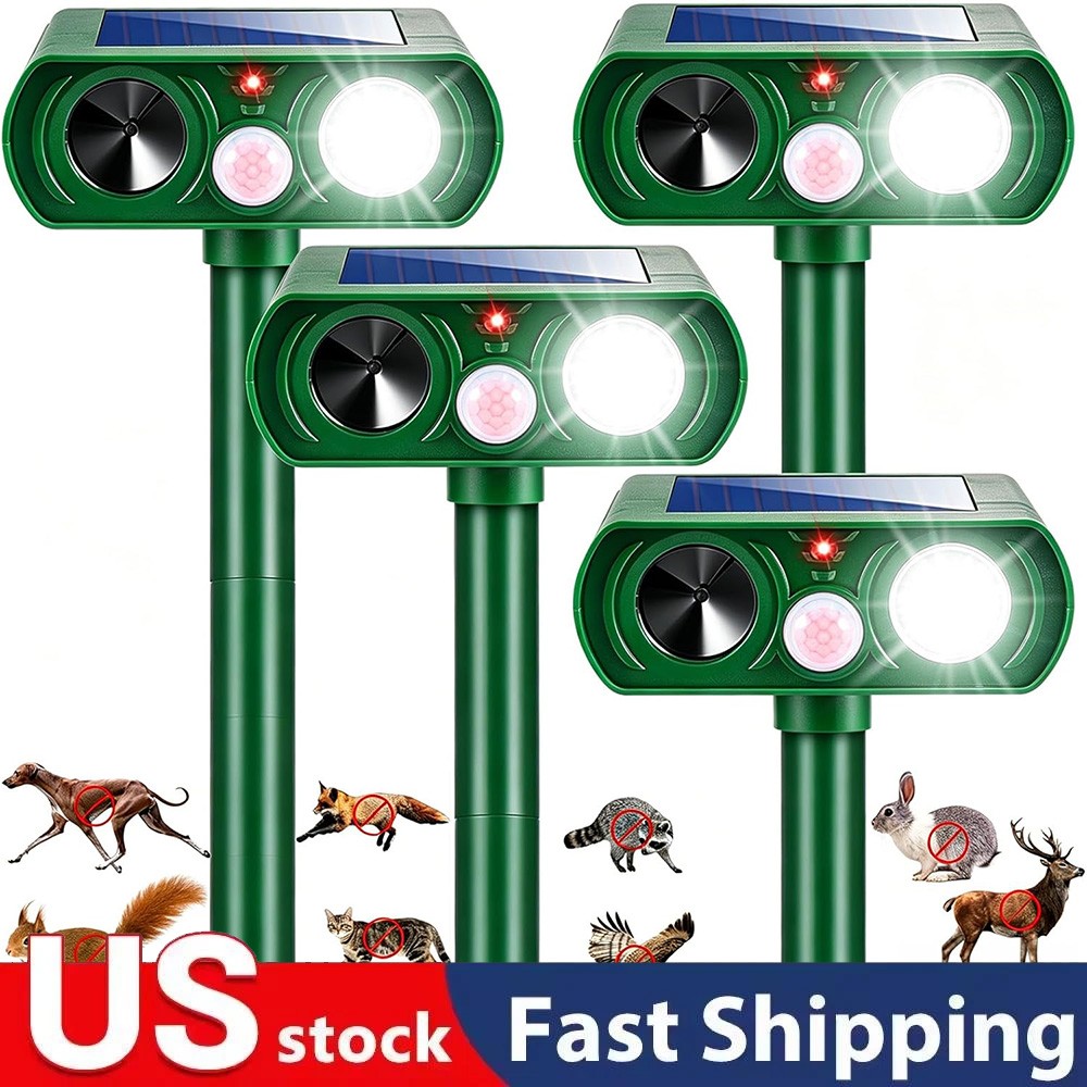 4 Pack Animal Repeller Ultrasonic Solar Power Outdoor Pest Cat Mice Deer Sensor