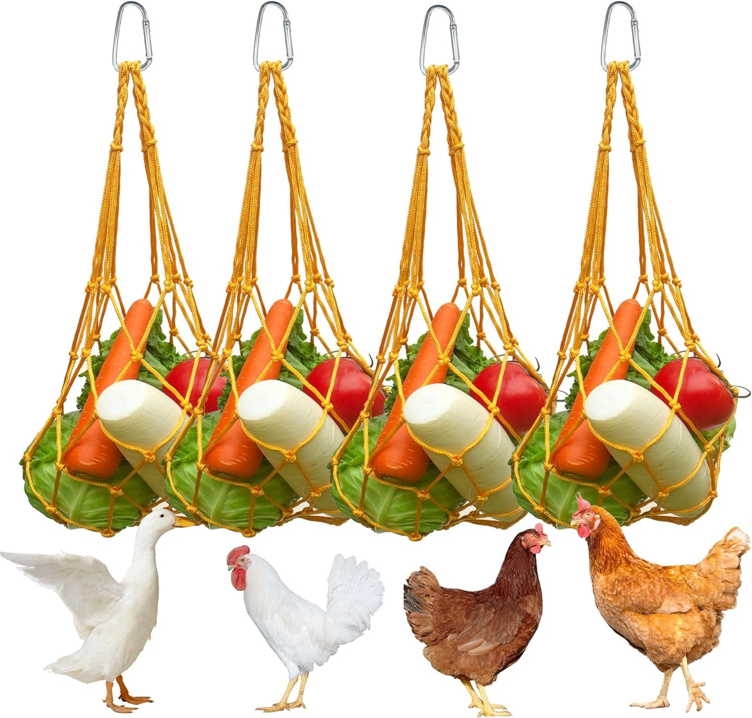 Chicken Vegetable Fruit Hanging Feeder 4Pcs Reusable String Bag W/ Hook Chicken