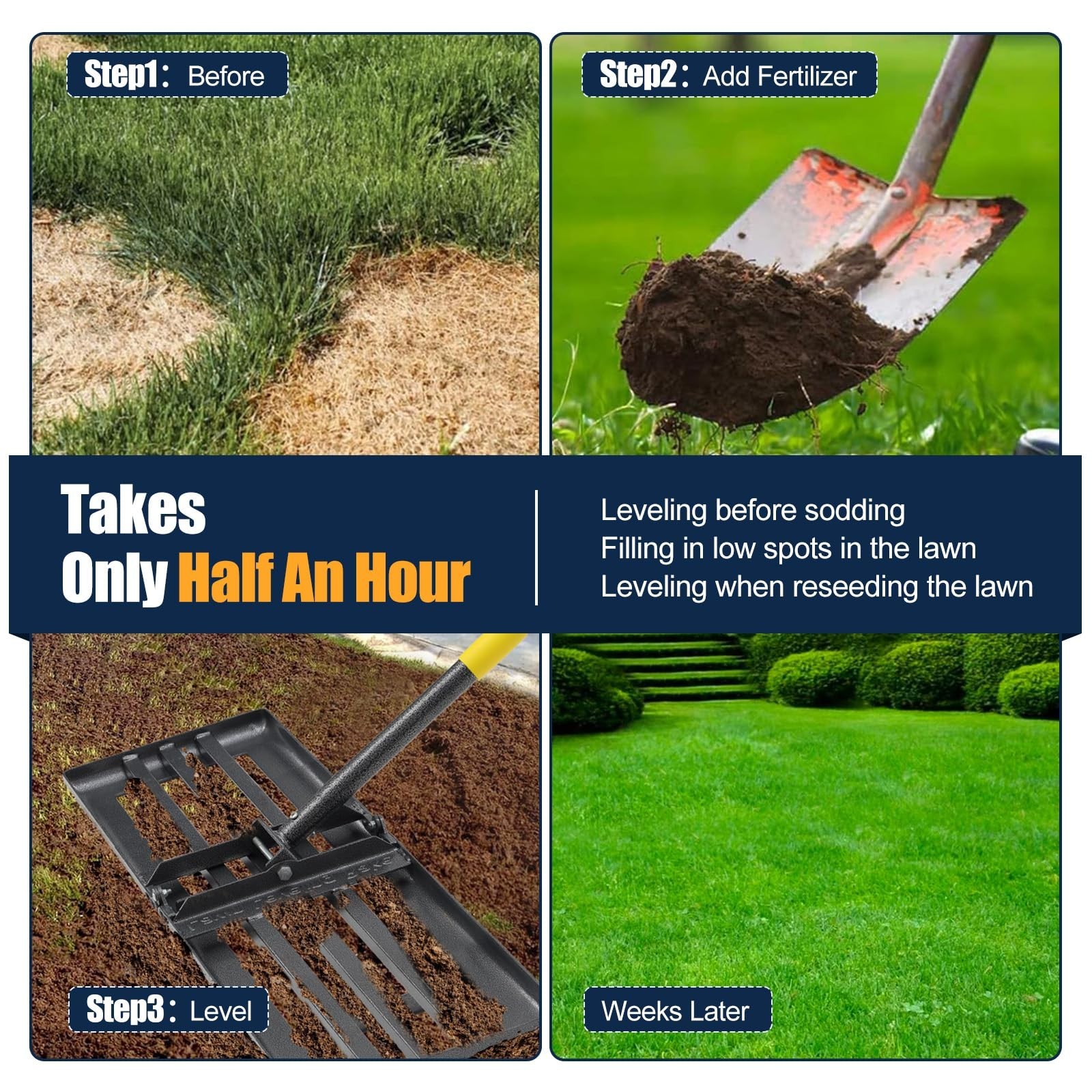 Heavy Duty Lawn Leveling Rake 30x10 - Adjustable 72" Handle, Foldable Soil Grade