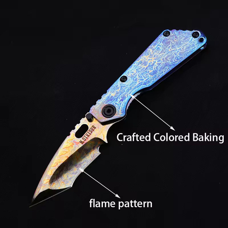 New Flame Pattern Blade TC4 Titanium Blue Anodized Custom Handle EDC Pocketknife