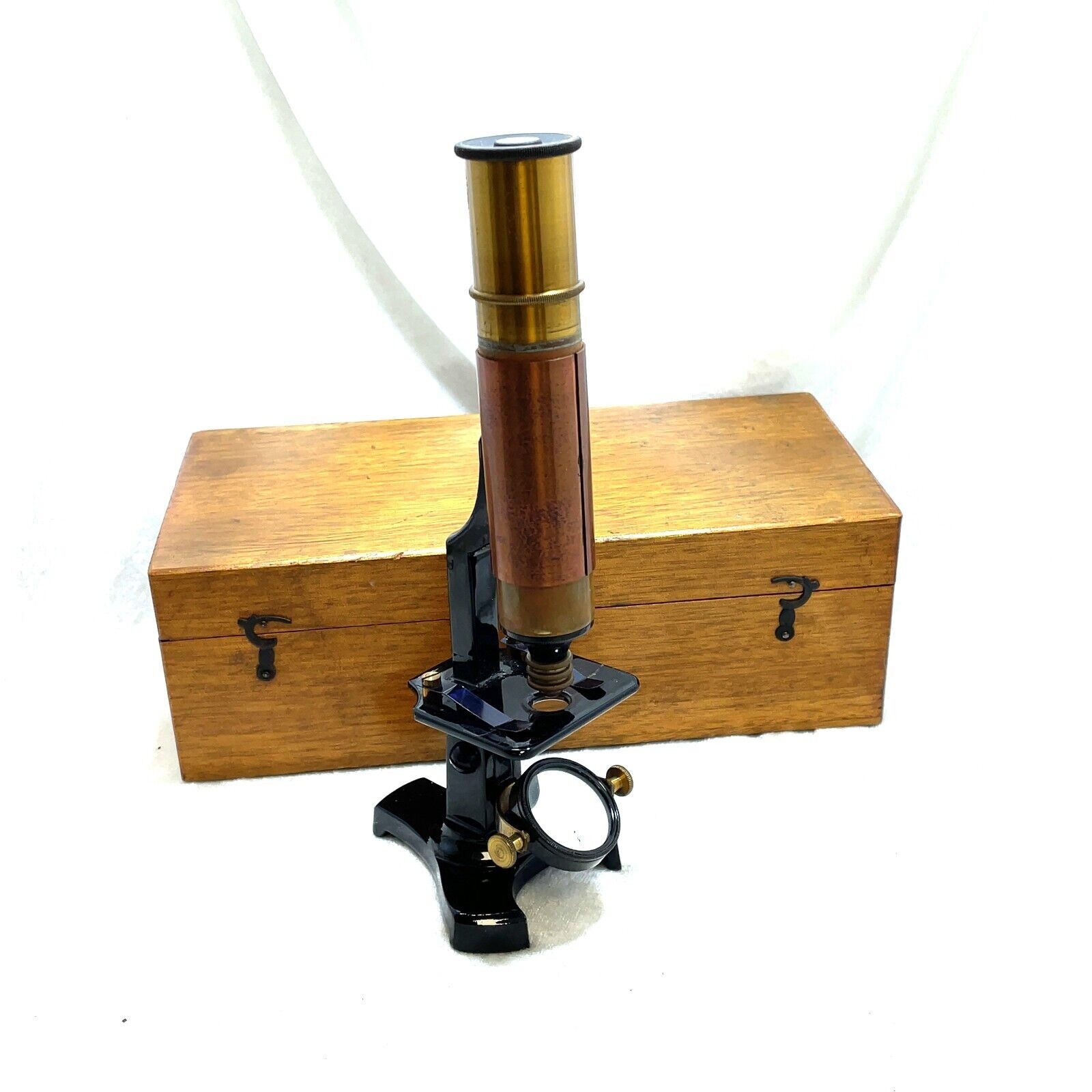Antique Brass French Field Microscope in Original Box with Slides