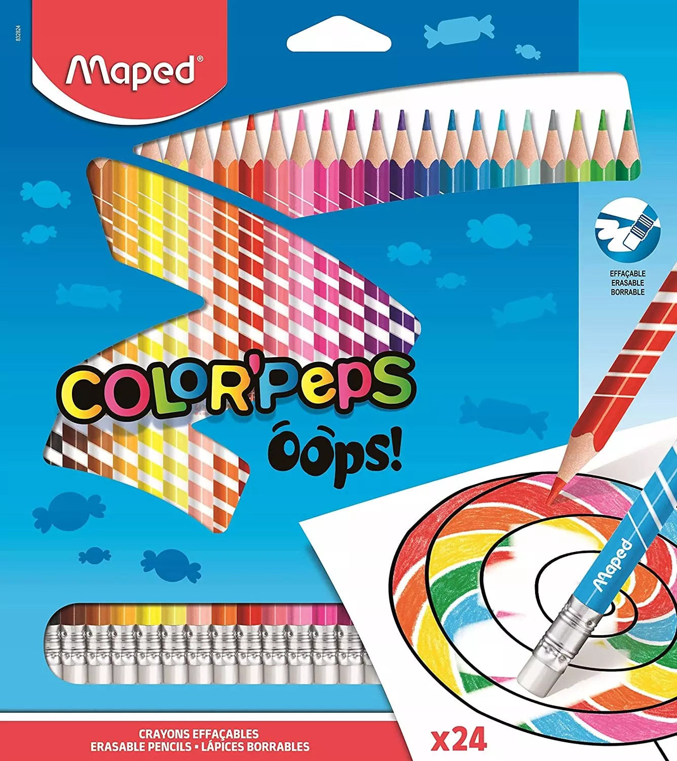 3154148328247 Kredki Colorpeps Oops trójkątne z gumką 24 kol Maped