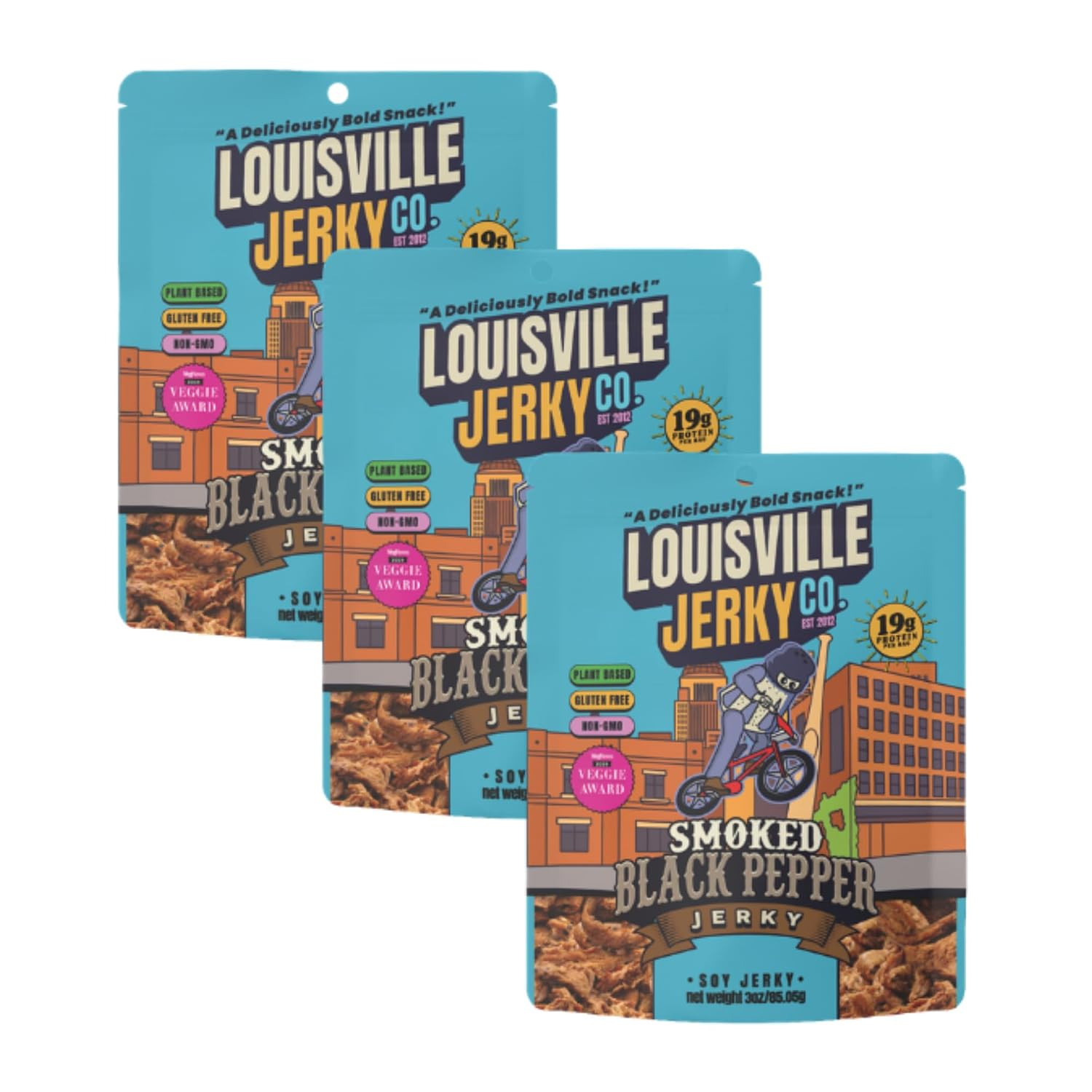 Louisville Jerky Co. Smoked Black Pepper Vegan Jerky, 3 Oz, 3-Pack | 5G Protein,