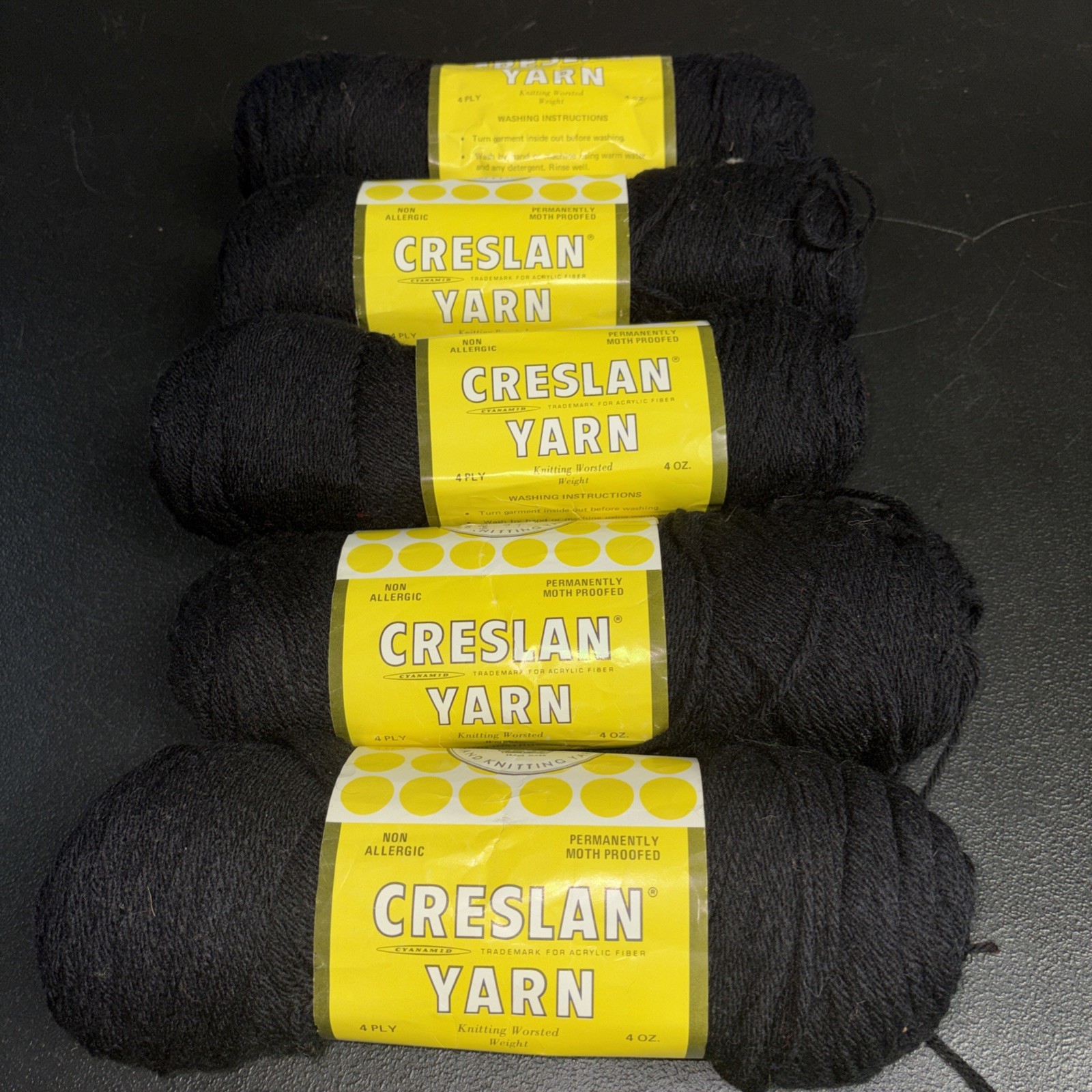 Lot of 5 New Skeins of Black Yarn Coronation Crelan Yarn 4 oz Each