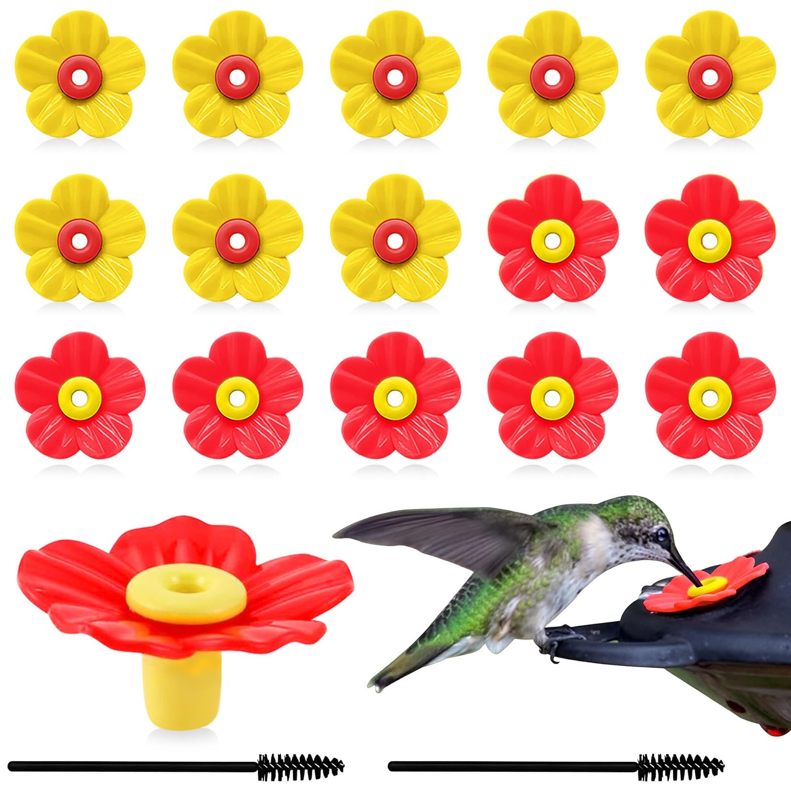 16 Sets Hummingbird Feeder Replacement Flowers with 2 Cleaning Red&Yellow