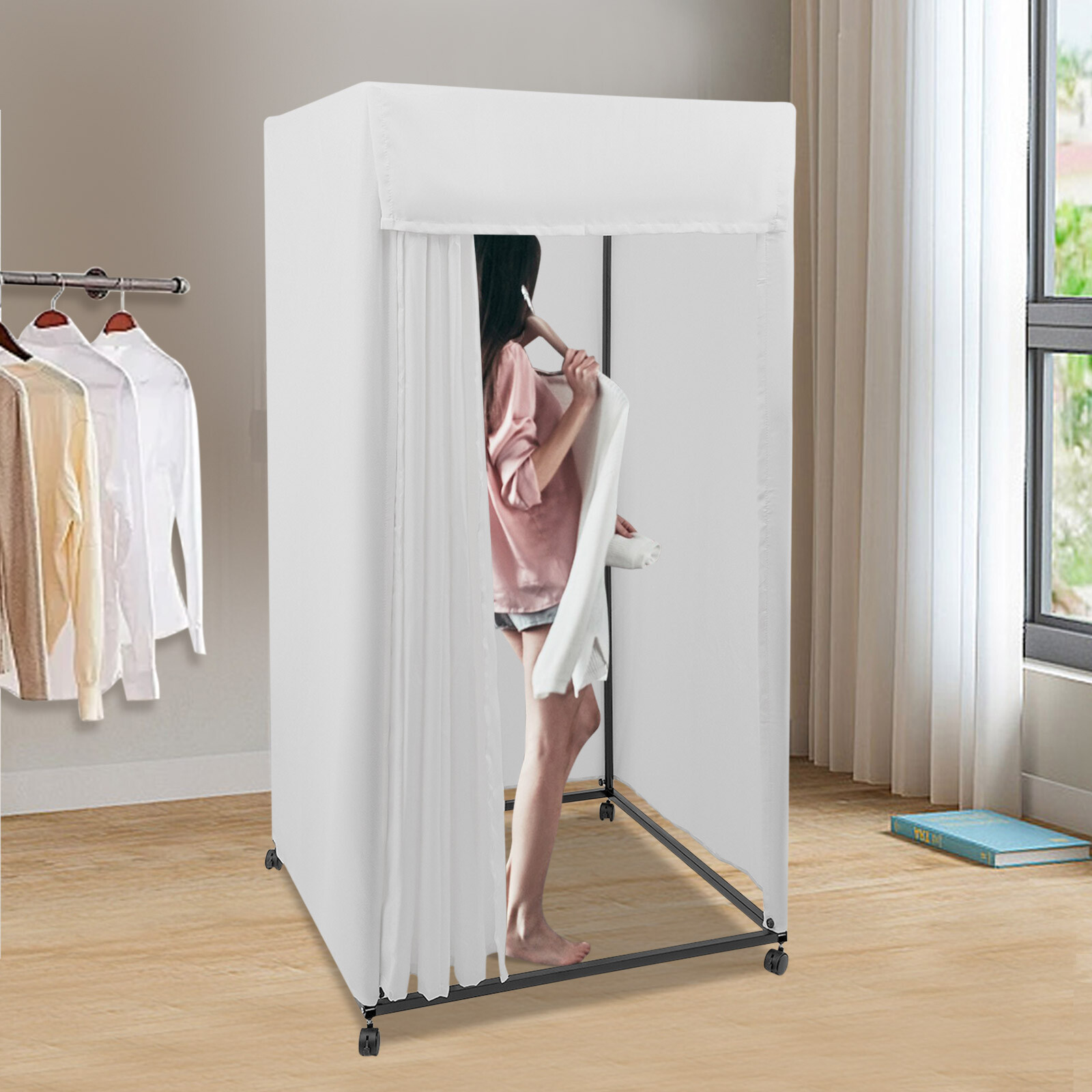 4-Wheels Portable Rectangular Dressing Room Freestanding Fitting Room Movable