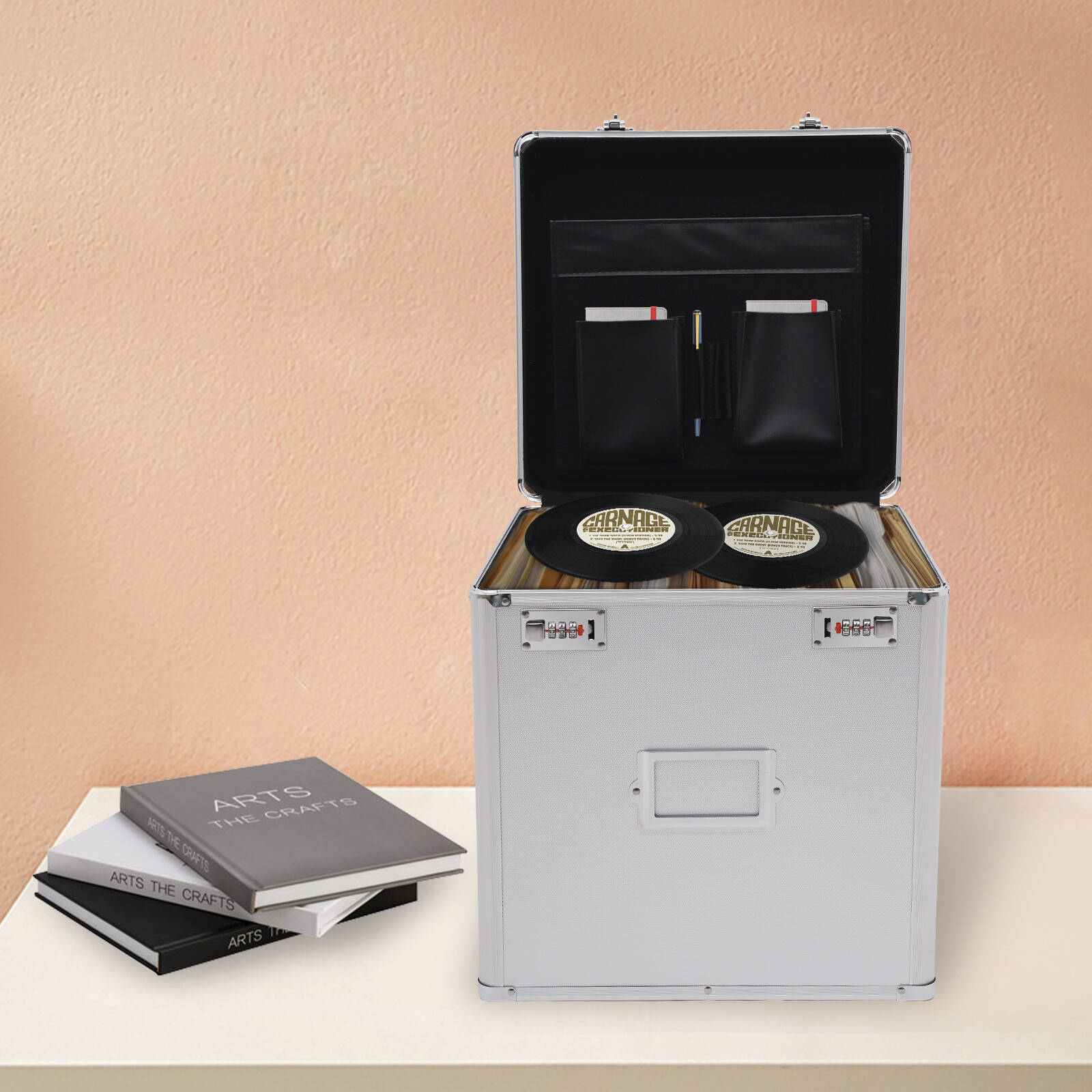 Vinyl Record Storage Box with Combination Lock for 50 Records, Silver