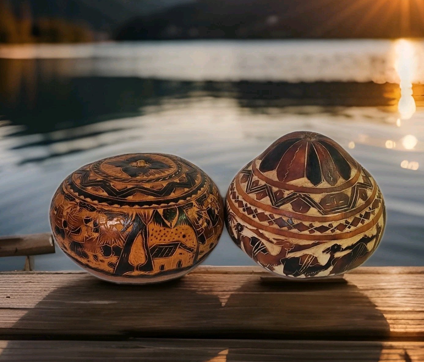 VTG 2 Peruvian Folk Art Hand-carved Gourds Decorative Trinket Boxes Peru