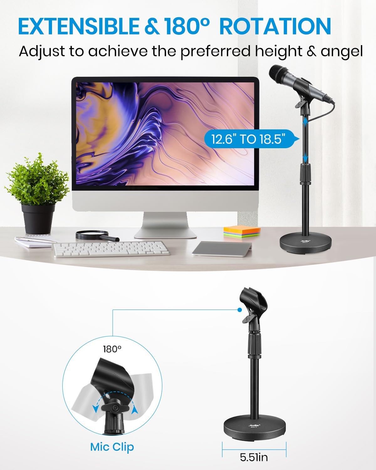 Desktop Microphone Stand, Moukey Upgraded Adjustable Table Mic Stand with Non-Sl