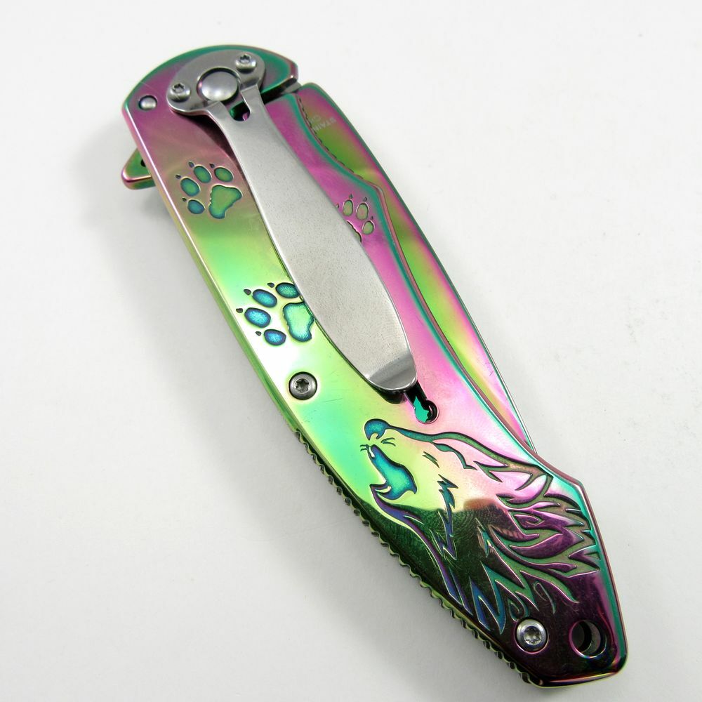 SPRING-ASSIST FOLDING POCKET KNIFE | Rainbow Blade Howling Wolf Tactical Hunter
