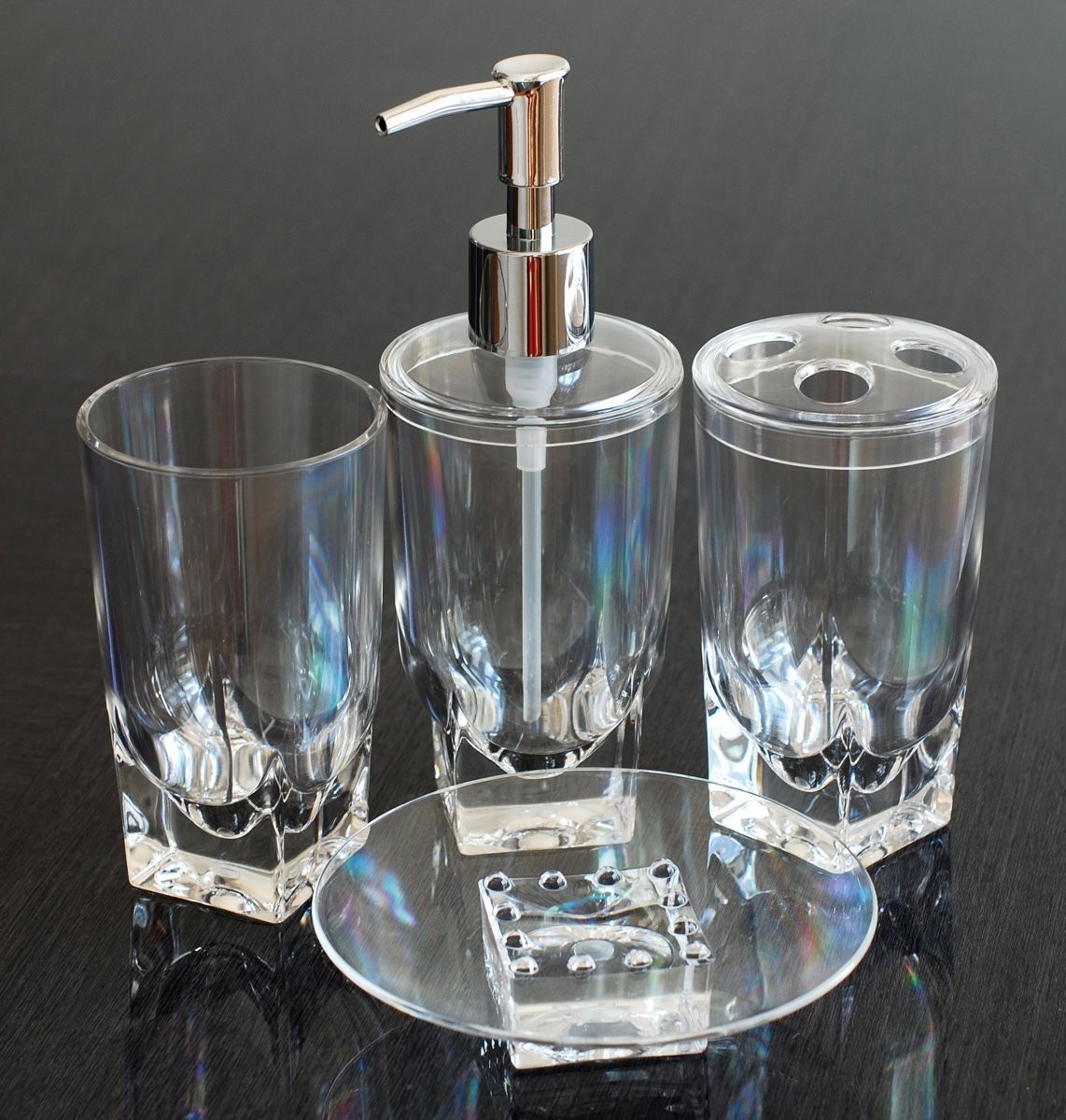 QG 4 pc Ice Cube Square Heavy Base Clear Acrylic Plastic Bathroom Accessory Set